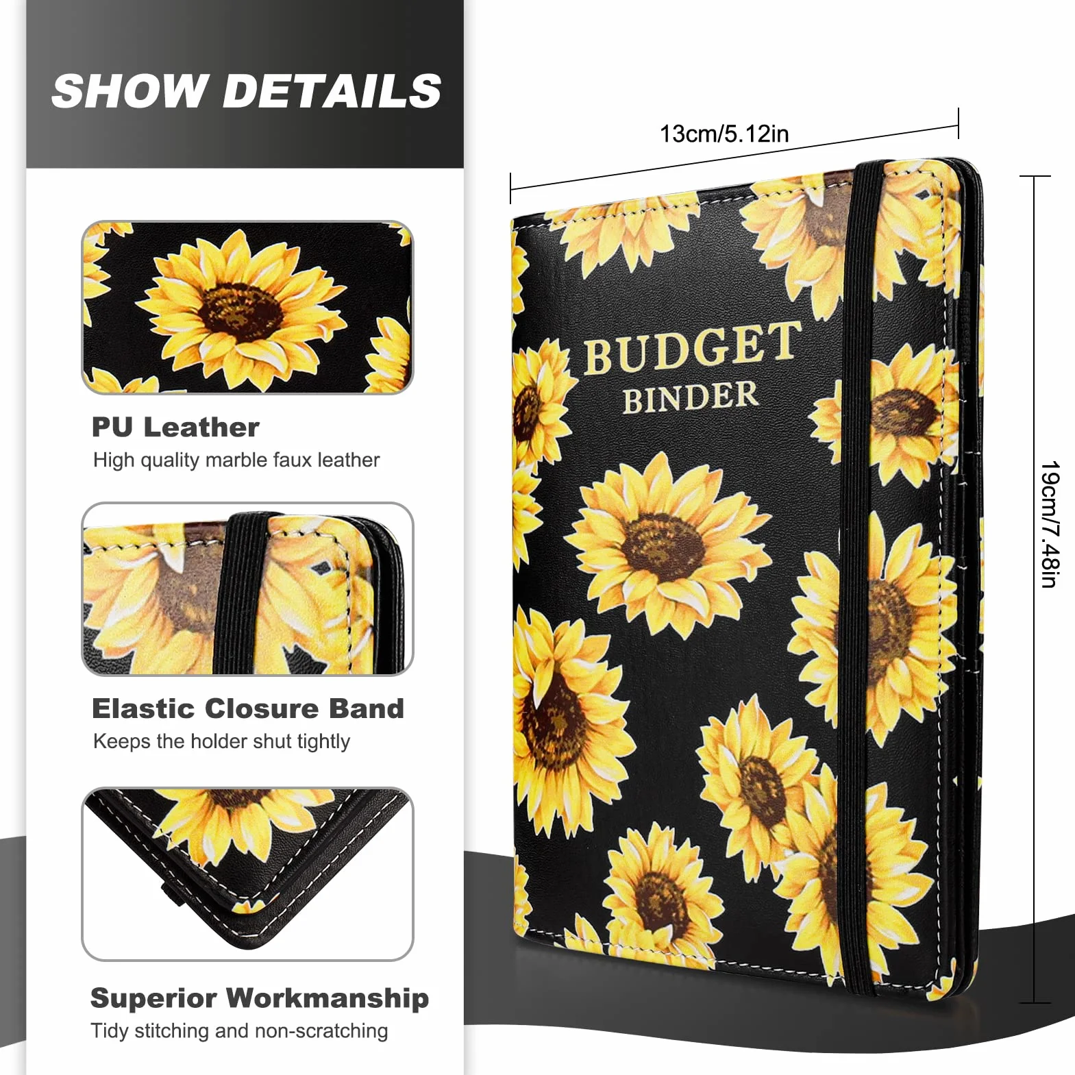TAOPE Portadocumenti in Pelle PU A6 Binder Budget Set con 12 Sacchetti Trasparenti Cerniera, Nero Girasole