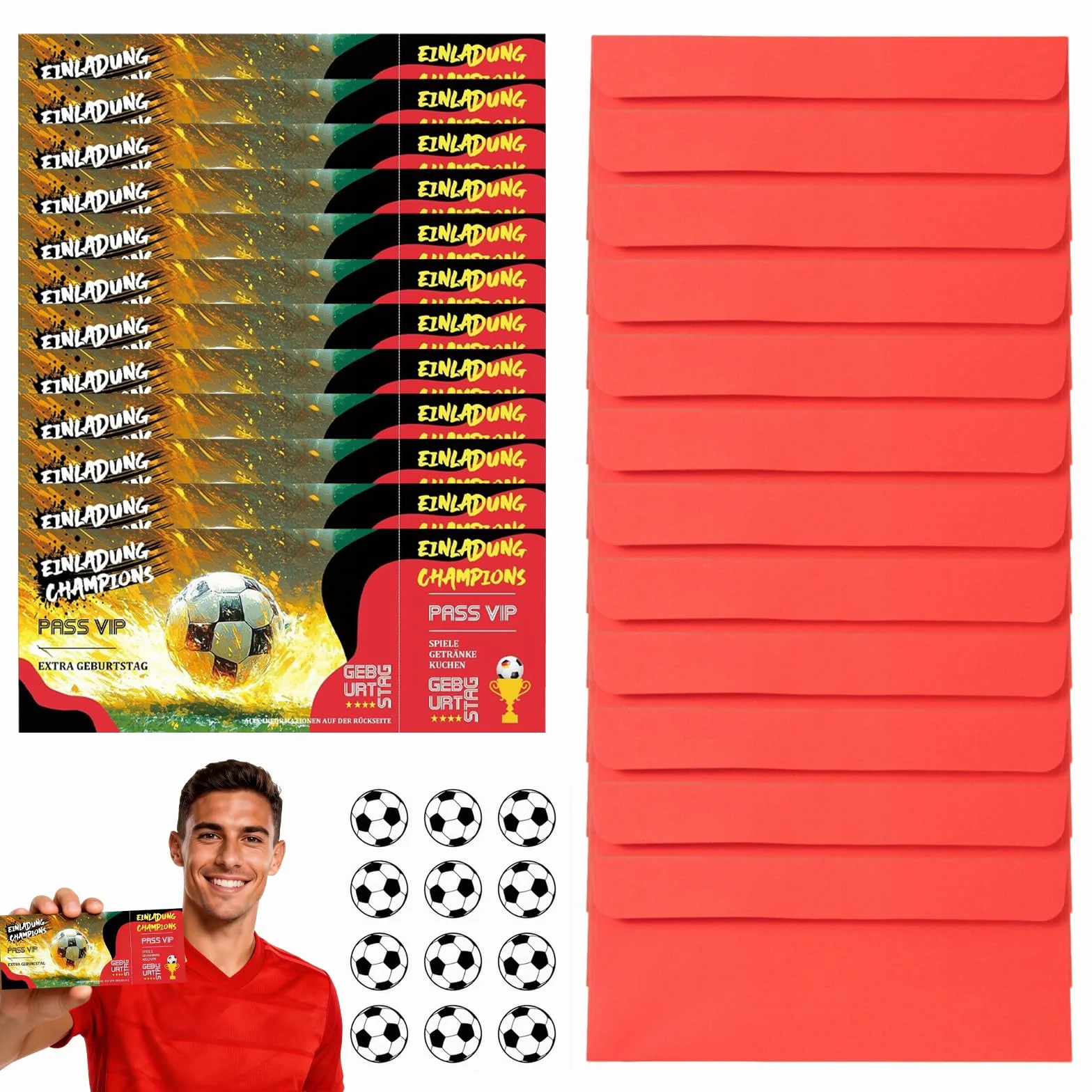Biglietti Invito Compleanno Bambino Calcio 12 Pezzi con Buste Rosse e Adesivo Decorativo 18x7cm