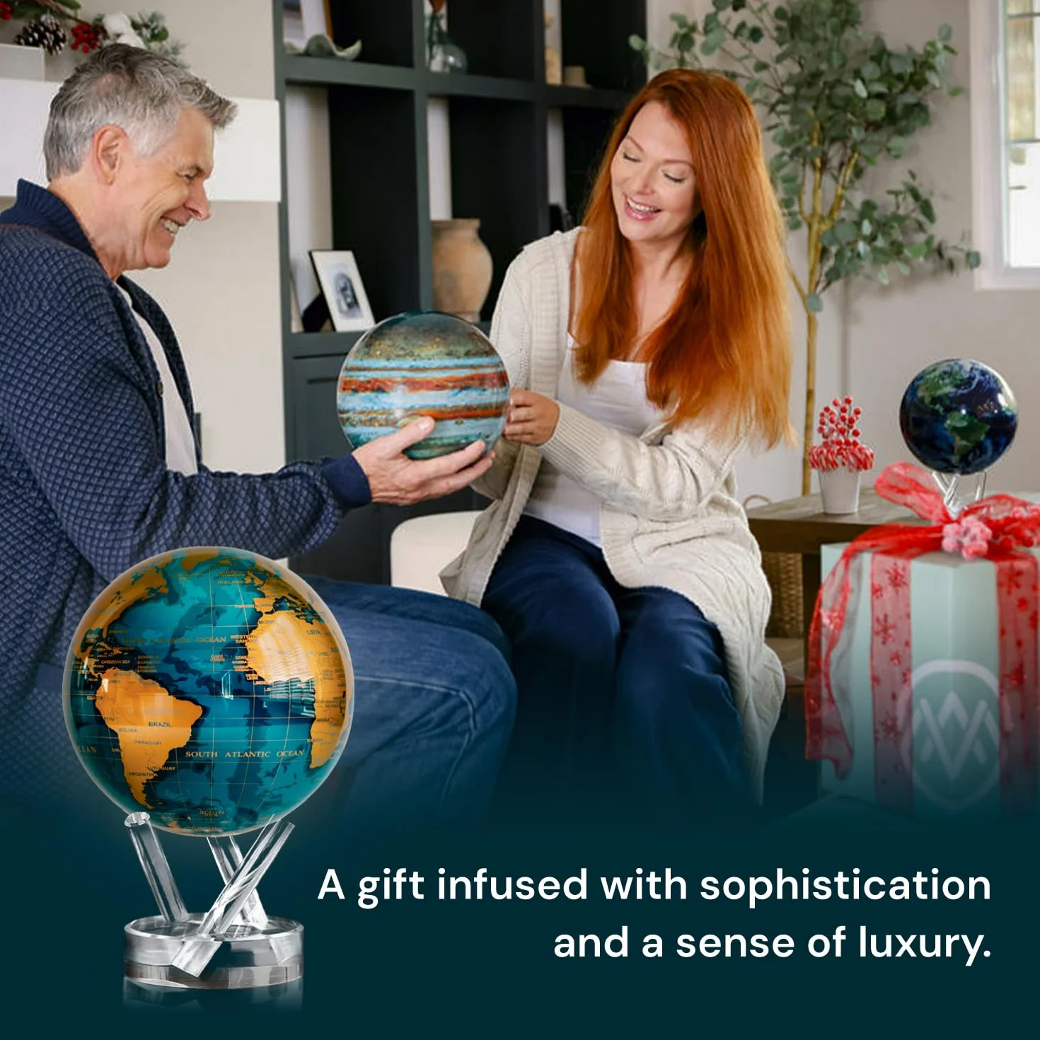 MOVA Globes Blu Ceruleo e Oro Signature (6") | Mappamondo Auto-Rotante a Energia Luminosa |Silenzioso, Senza Batterie né Fili |Decorazione da Scrivania o Idea Regalo Globo Spazio