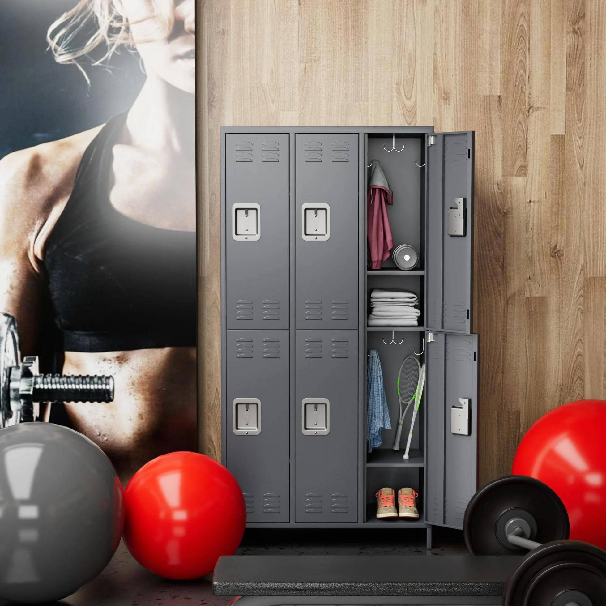 SUPEER Armadietto in metallo con 6 scomparti, armadio in metallo con fessure di ventilazione per dipendenti, palestra, scuola, ufficio (Grigio scuro)