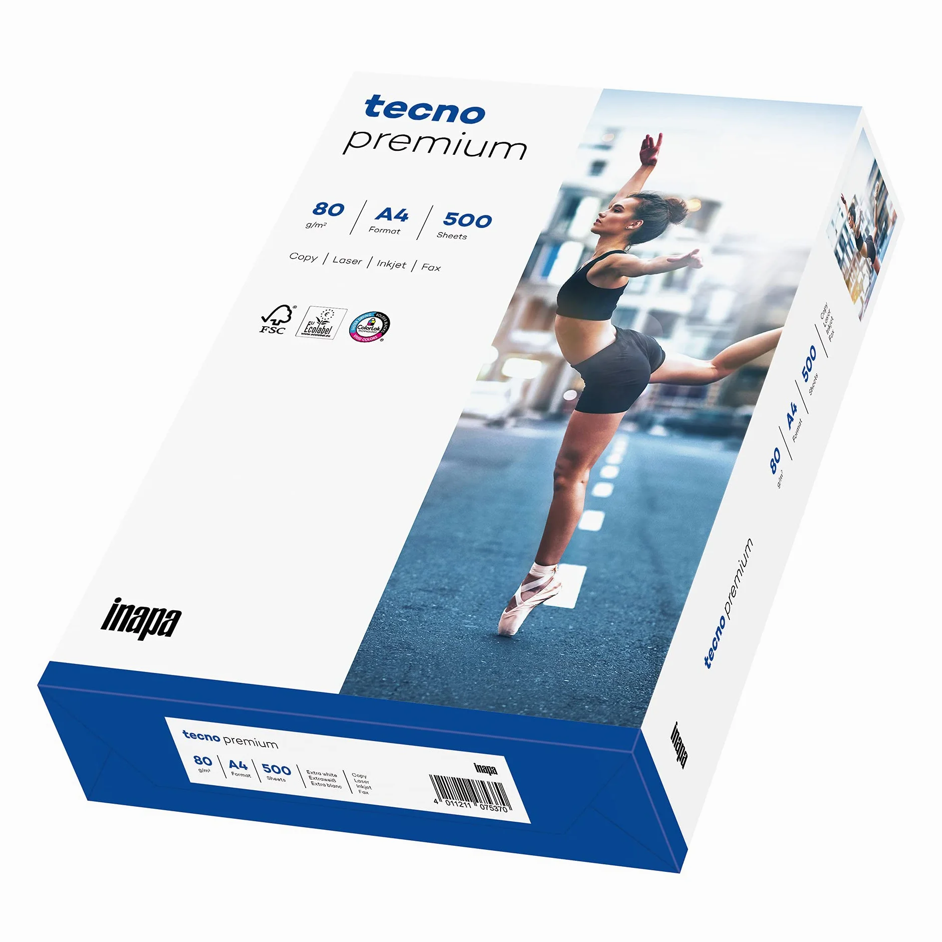 inapa tecno Premium - Carta per stampante/fotocopiatrice, 80 g/m², formato A4, 5 x 500 fogli, colore: Bianco