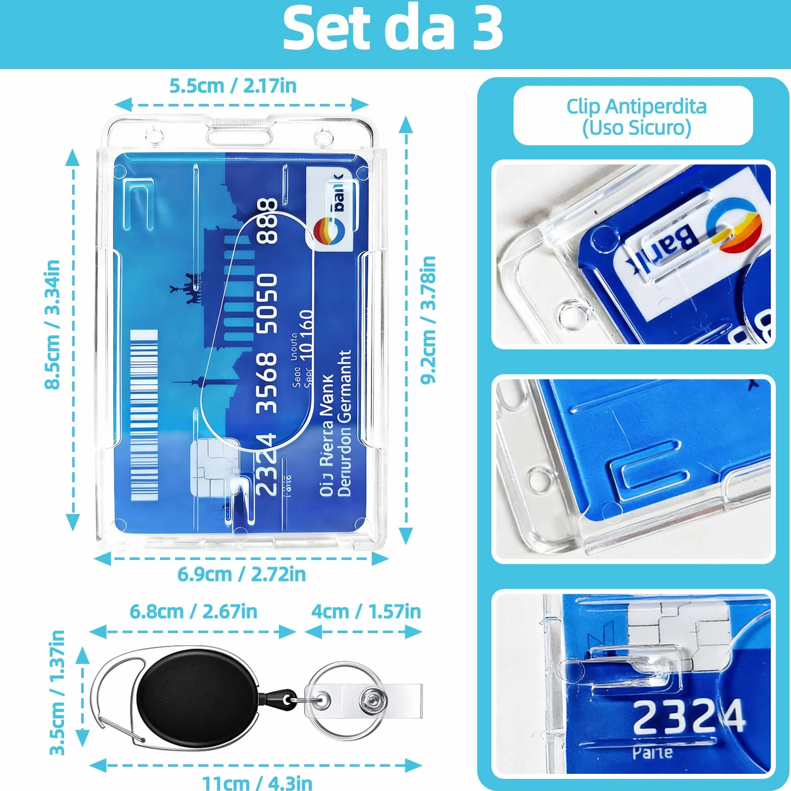 Porta Badge con Portachiavi Retrattile 3 Pezzi, Plastica PC Extra Spesso Trasparente