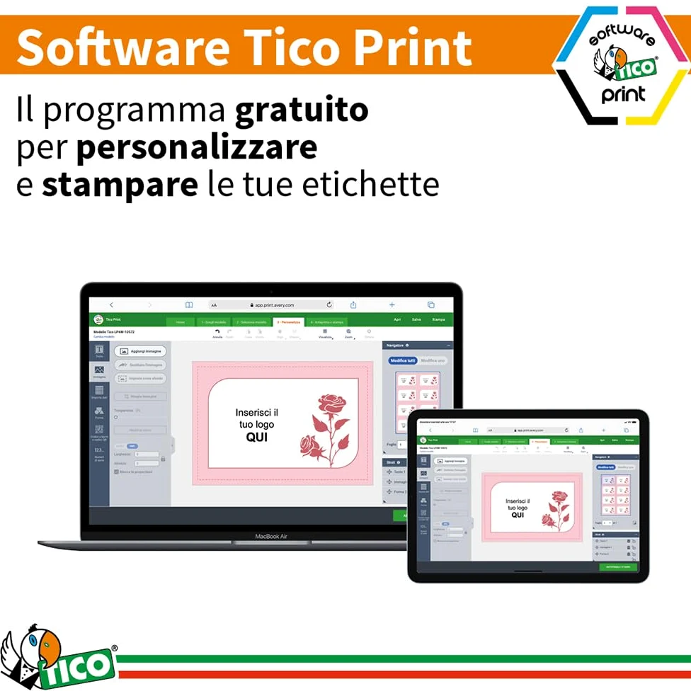 Tico Italia LP4P-210148 Etichette adesive bianche resistenti in poliestere, 70 fogli A4, rettangolari 210x148mm, 2 etichette per foglio, adesivo permanente, stampanti laser