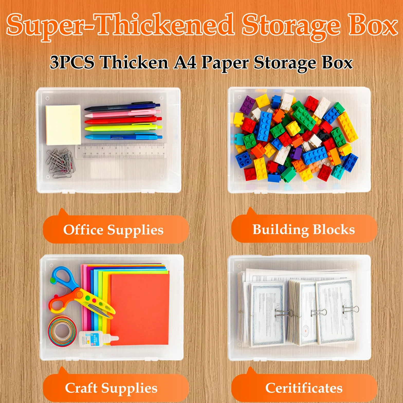 WOPPLXY 3 scatole portaoggetti A4 con coperchi, in plastica trasparente A4, profondità 10 cm, grande capacità, per archiviazioni in ufficio, riviste e documenti, 33 x 23 x 10 cm