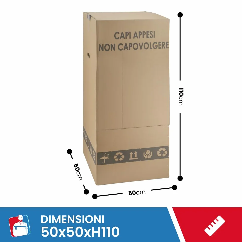 IMBALLAGGI 2000 Scatole Cartone Porta Abiti con Barra Appendiabiti 50x50 cm h 110 cm Scatoloni Doppia Onda per Trasloco Armadio 2 pezzi + Nastro Adesivo