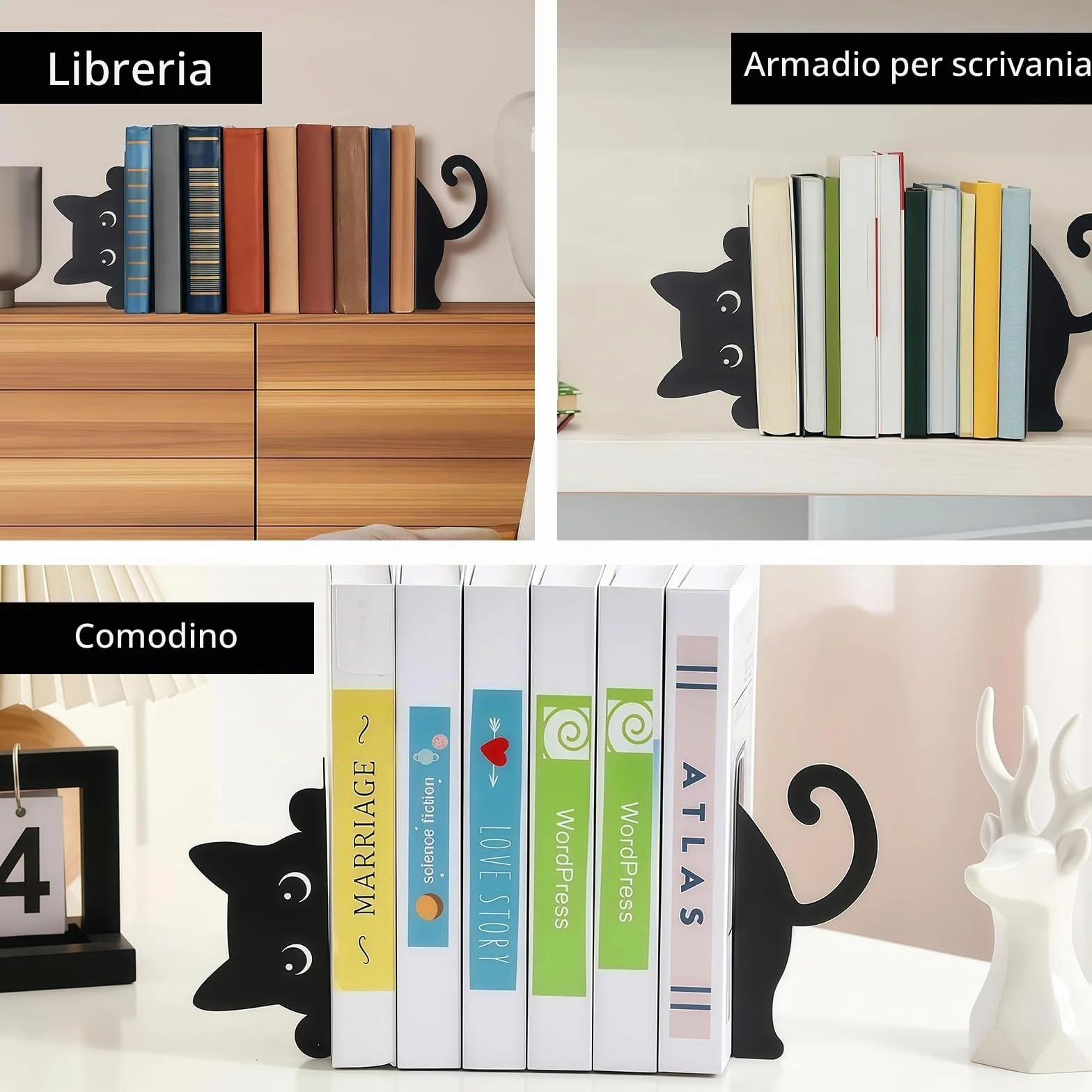 Gatto Curioso Fermalibri in Metallo 2 Stili Decorativi per Casa e Ufficio Regalo Lettori