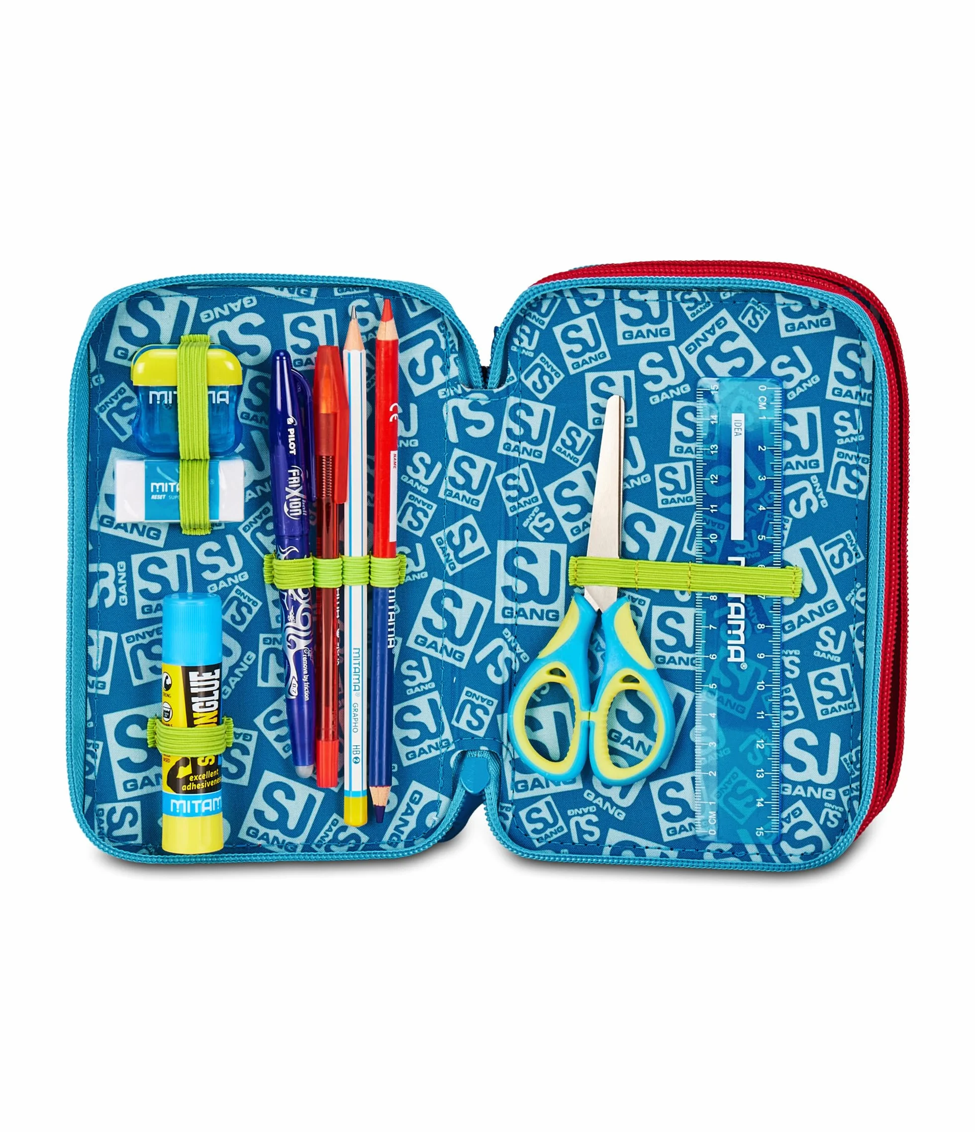 SJ GANG STYLE JAM GANG Astuccio Scuola 3 Zip Sharky Skate, Blu, Portapenne Triplo Scomparto Completo Di Penne, Matite, Colori, Accessori Zaino, Scuola Elementare, Bambino