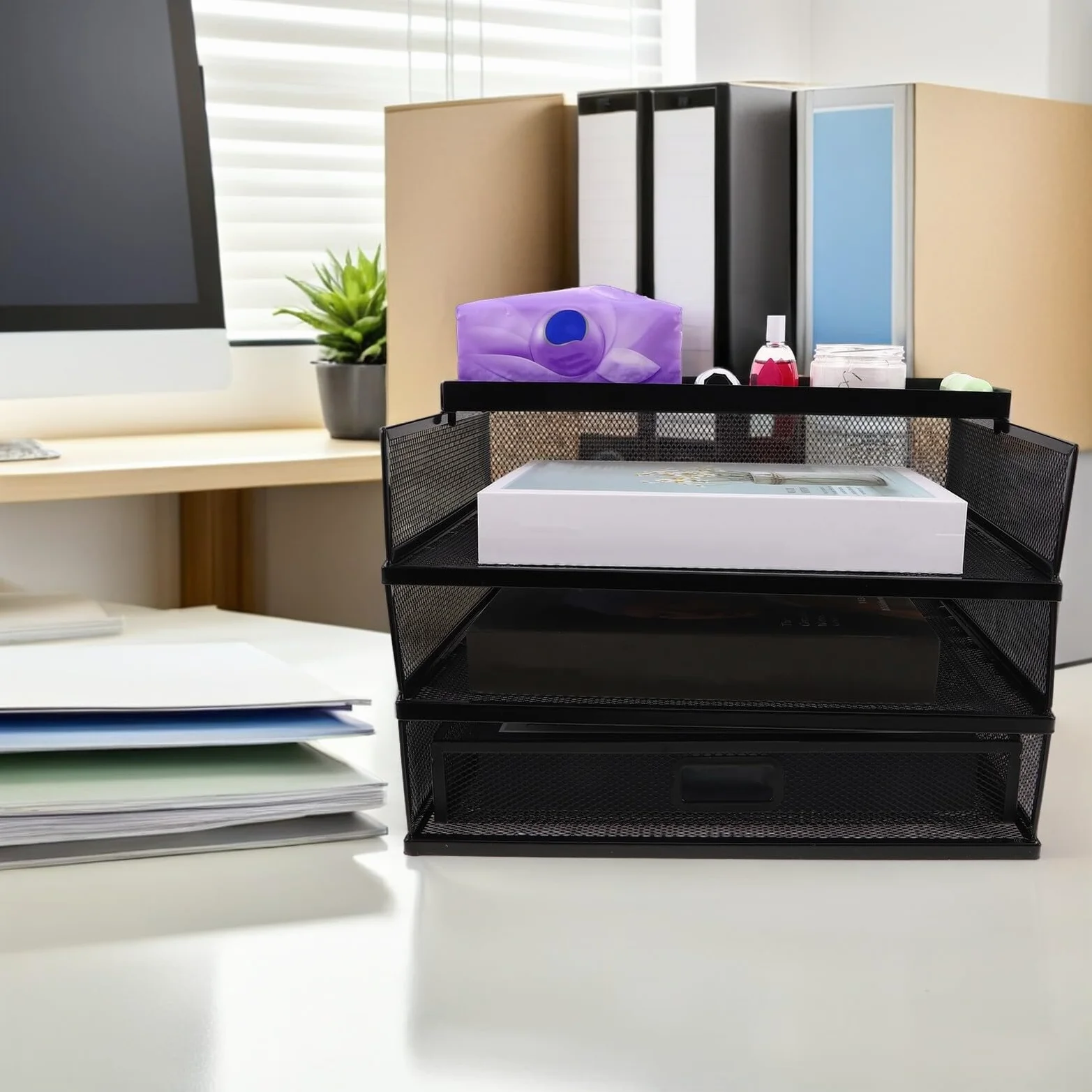 Cartella da scrivania in metallo con scomparti, vassoio multifunzione per ufficio, accessori da scrivania per casa e studio, soluzione di archiviazione efficiente