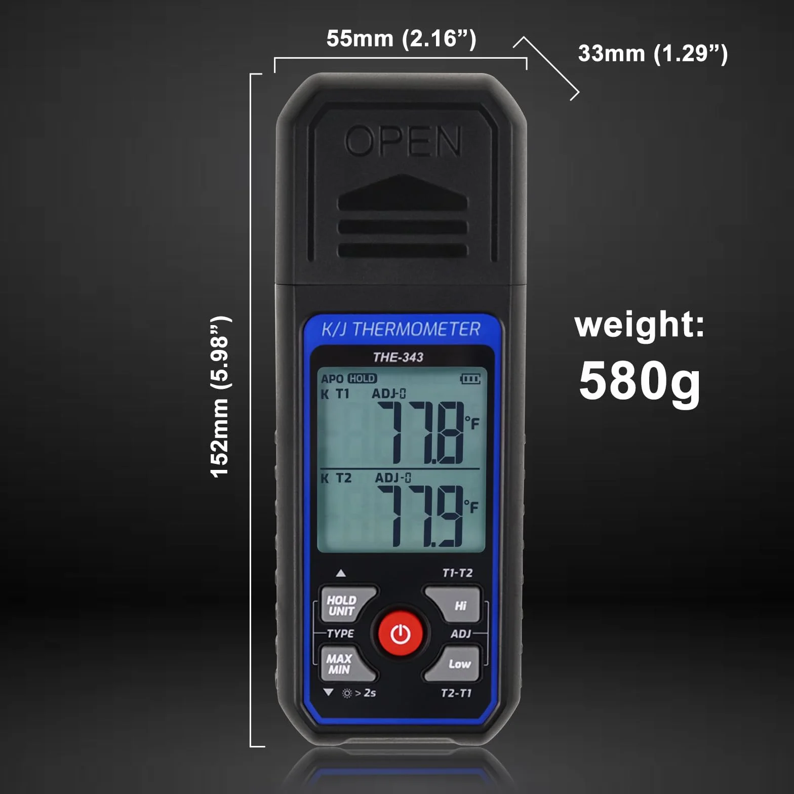Termometro Digitale a Termocoppia HVAC con 2 Pinze Termometriche e 2 Sonde Cablate, Doppio Canale Allarme Compensazione ADJ (-328~2500℉)