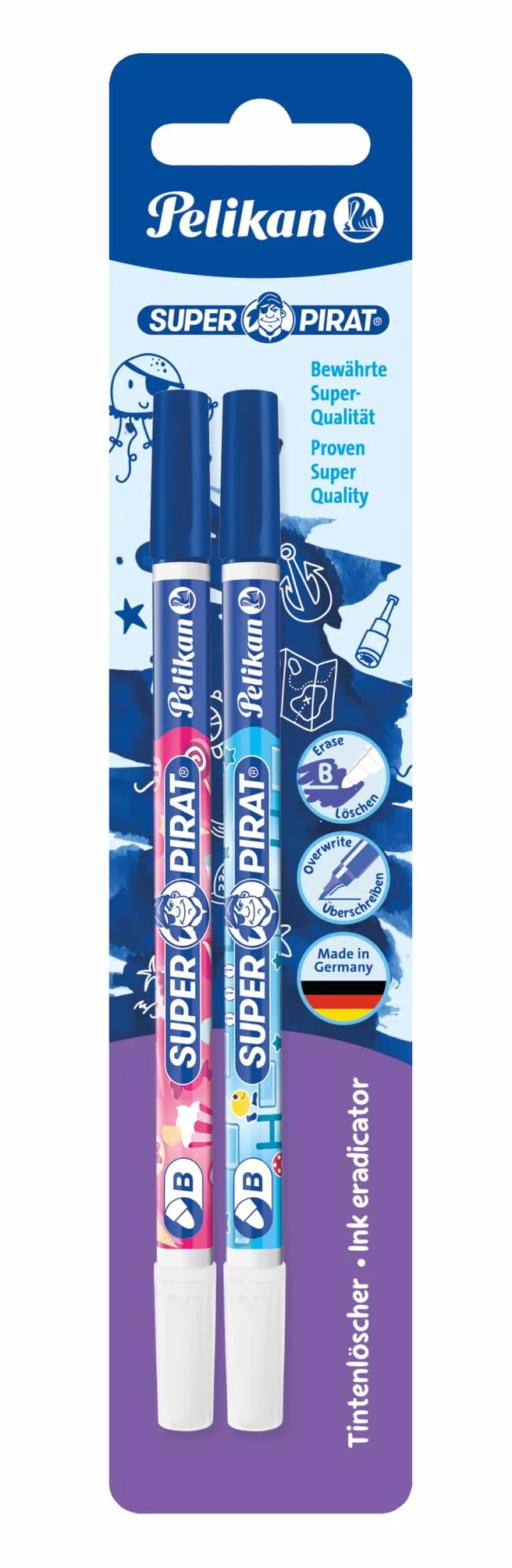 Pelikan Cancellino Inchiostro Super Pirat 850B/2/B Doppia Punta, Correttore a Penna Punta B, 2 Pezzi, Rosa - Blu