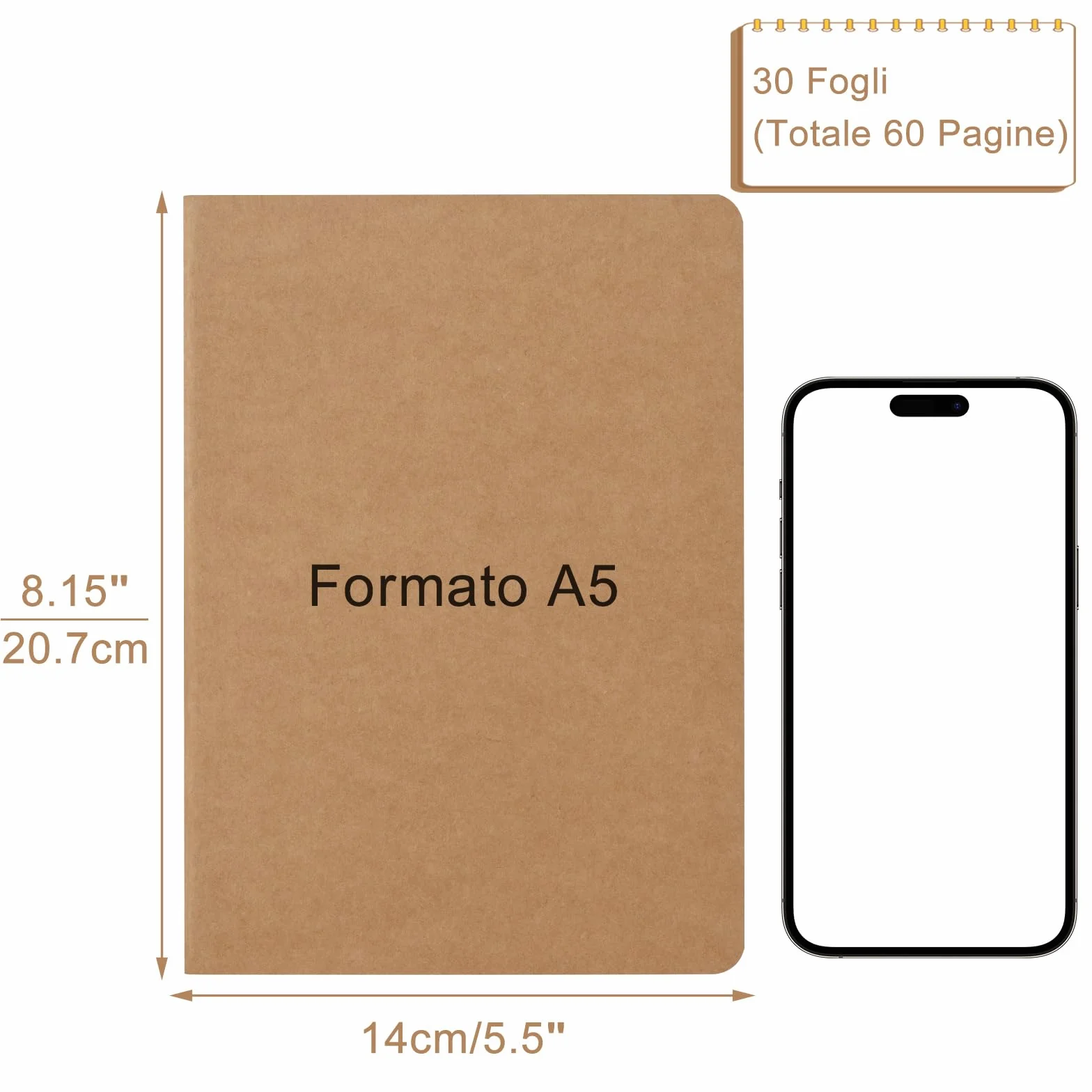 ZCZN Quaderno A5 Quadretto, 12 Pezzi Copertina Kraft, 30 Fogli/60 Pagine, Taccuini per Ufficio e Scuola