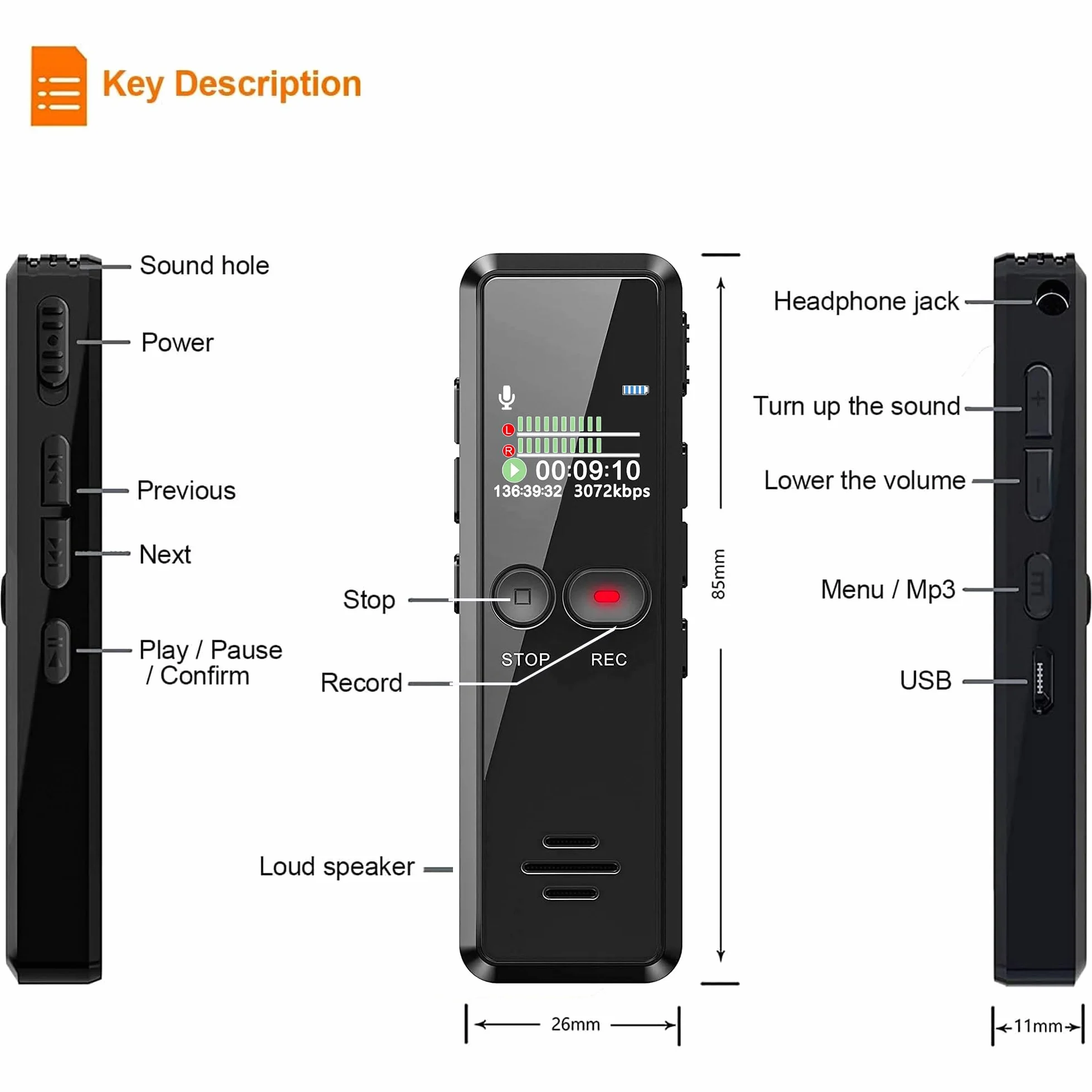 8GB Registratore Vocale Portatile, Registratore Audio Digitale Professionale 1536 Kbps Registratore Vocale HD con MP3 Ricarica USB per Riunioni Interviste Discorso