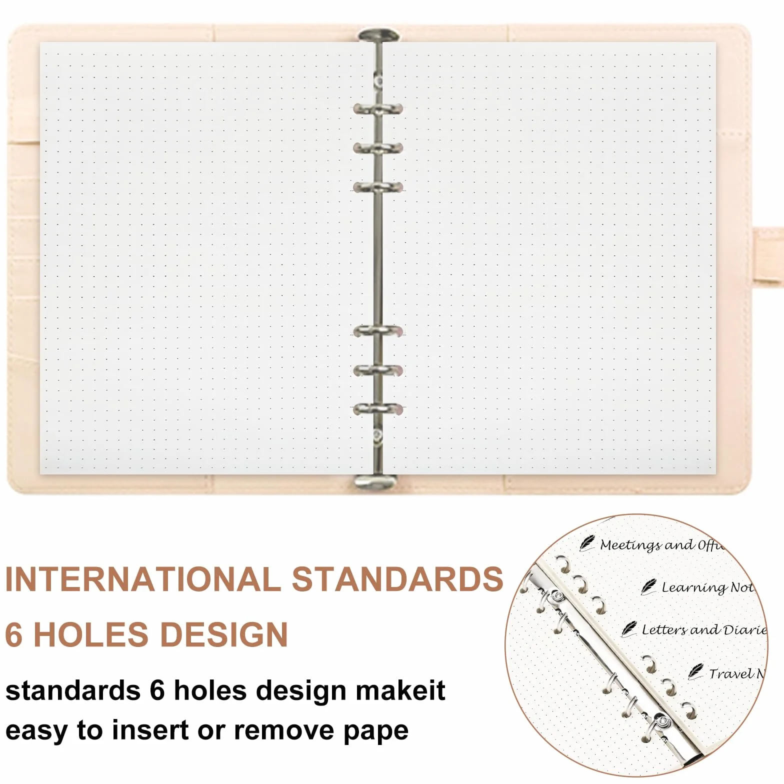 Carta A5 a pois 6 raccoglitori ad anelli 135 fogli ricaricabile bullet journal