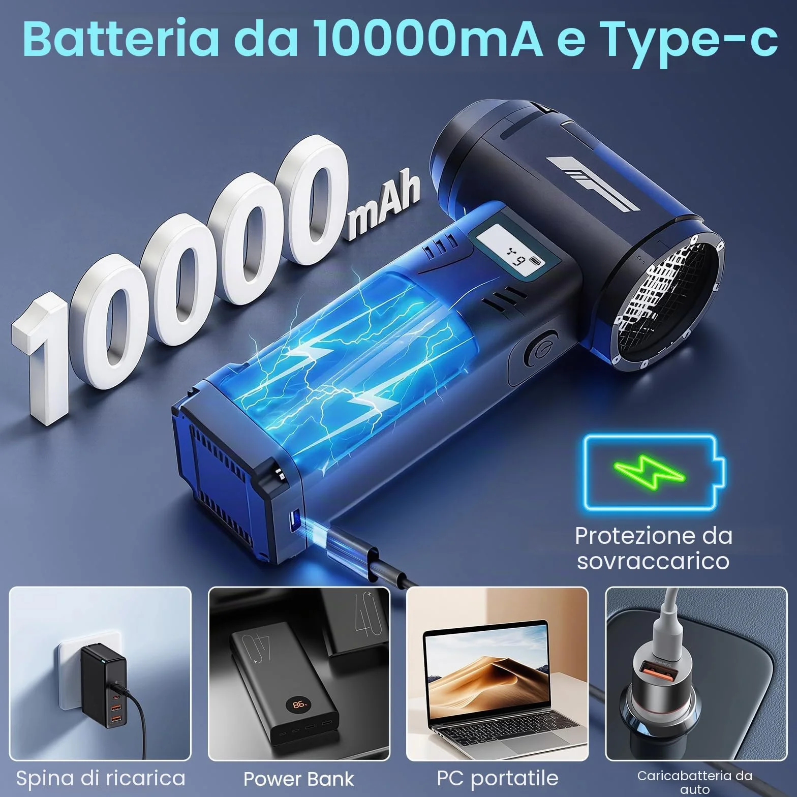 Soffiatore ad Aria Compressa, Ventola a 9 Velocità, 130000giri/min, Pressione del Vento 540g, con Luce LED e Display HD, Ricarica di Tipo C, per la Rimozione Della Polvere da Computer, Case e Veicoli