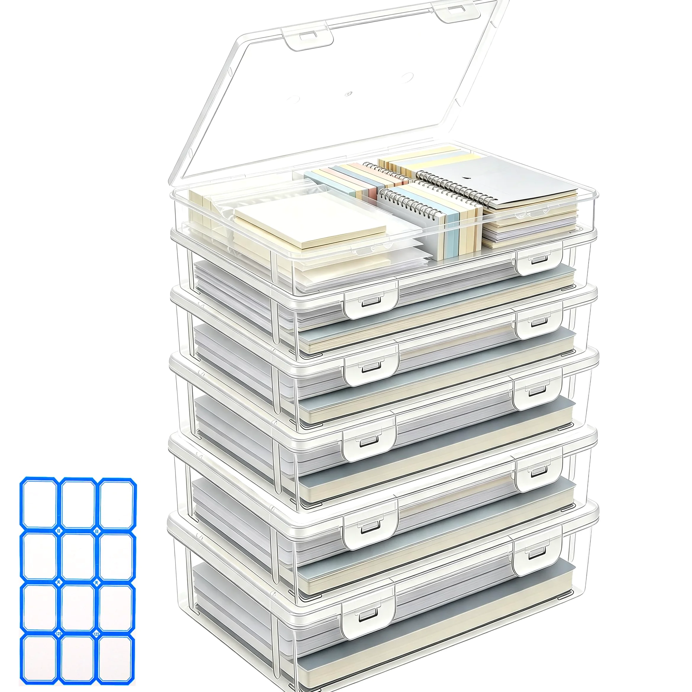 Confezione da 6 scatole portaoggetti in plastica trasparente, formato A4, con coperchio, portatili, con fibbia, impermeabili, impilabili, per documenti, artigianato, documenti (31 x 23 x 5)