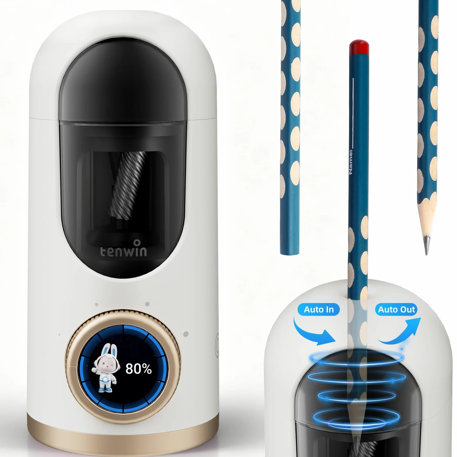 tenwin Temperamatite elettrico completamente automatico, punta rapida di matite e matite colorate da 7-12 mm, ricaricabile con display LCD, ideale per casa, ufficio e scuola (bianco)