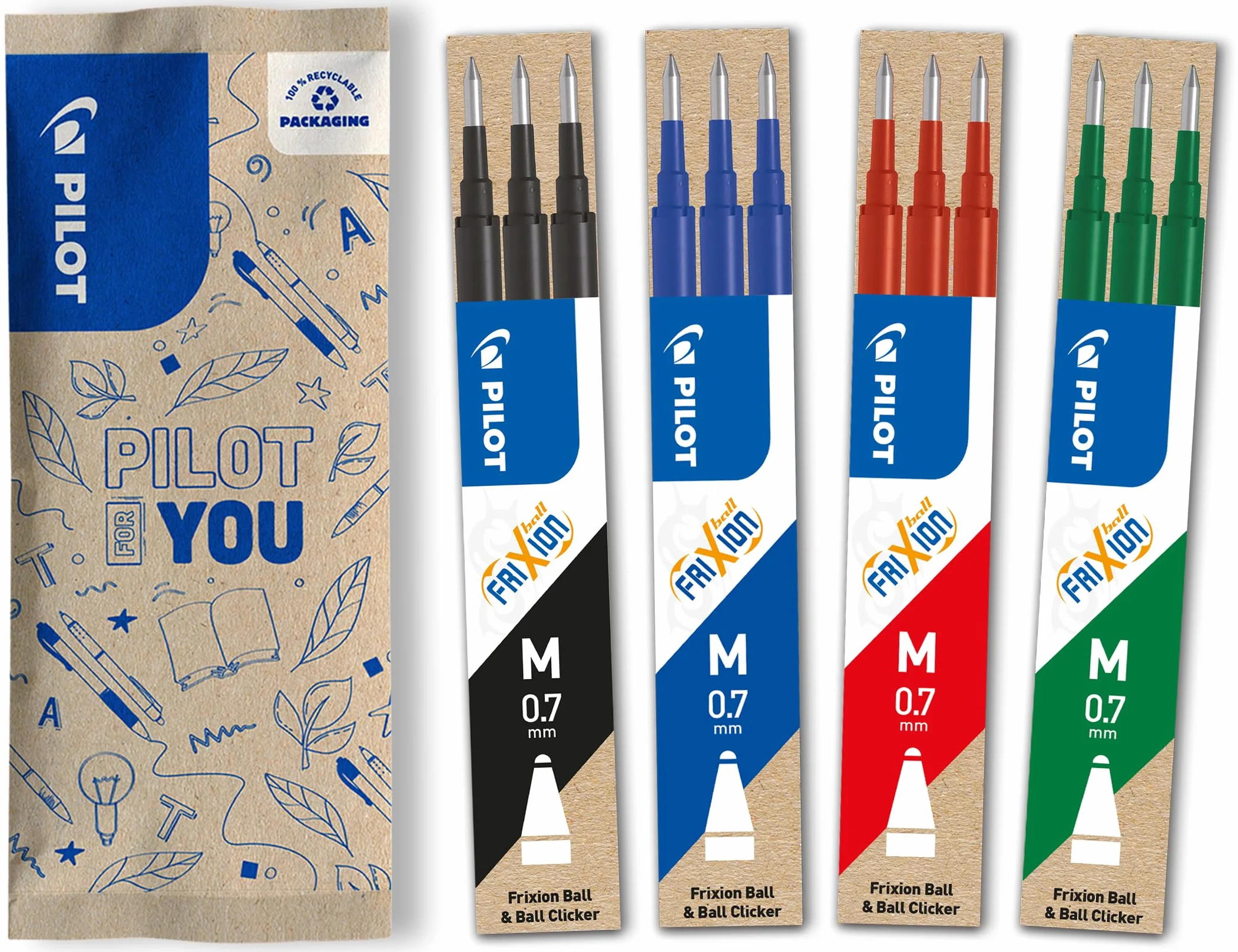 PILOT 4 Set Ricariche FriXion Ricariche Penne Cancellabili Compatibili FriXion Ball Clicker Nero Blu Rosso Verde Punta Media 12 Ricariche