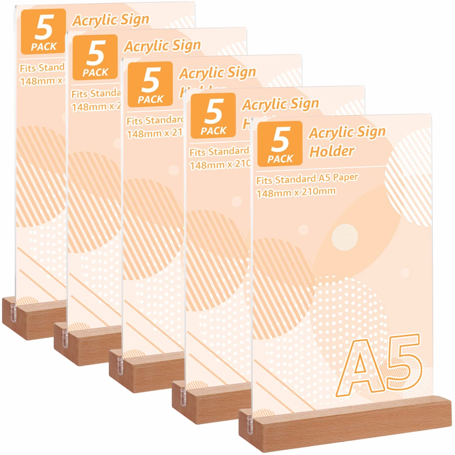 5 espositori da tavolo A5, in legno, formato A5, con base in legno, supporto da tavolo a forma di T, formato verticale, doppio lato, supporto in acrilico per ristoranti, ufficio, caffetteria
