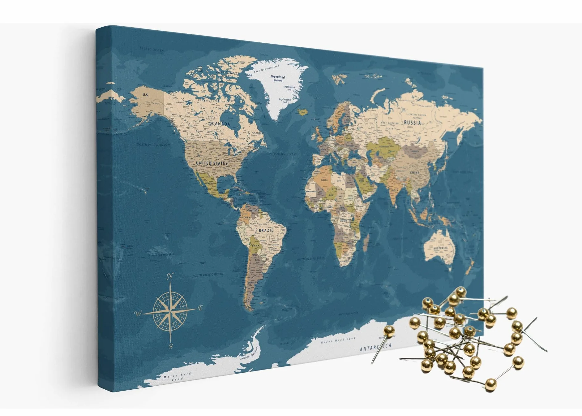 framed concept | Mappa del mondo con puntine | decorazione da parete fatta a mano con 50 puntine dorate | idea regalo originale