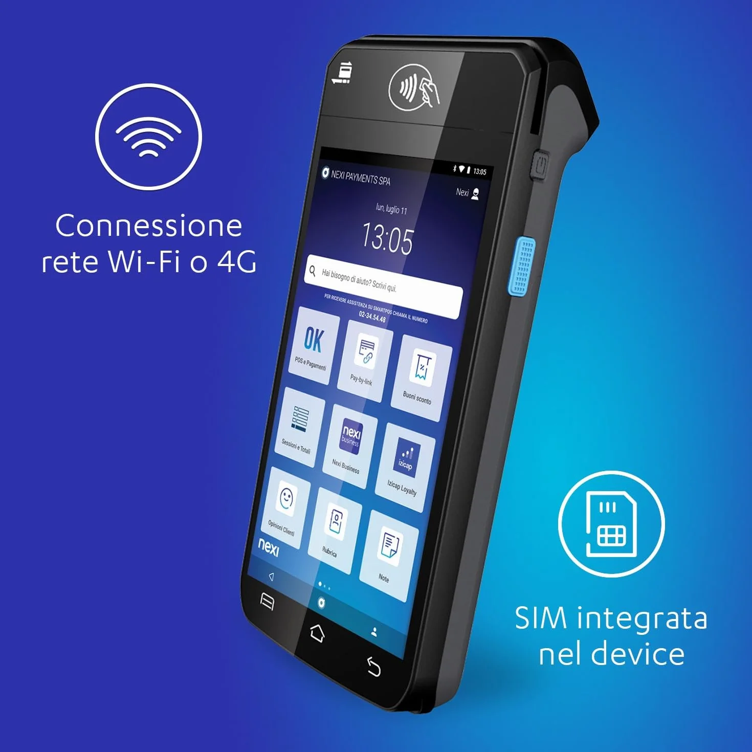 Nexi SmartPOS Mini a Canone Zero, Pos Portatile Contactless, Lettore Elettronico Portatile per Pagamenti con Bancomat, Carta di Credito, Prepagata, Apple Pay e Google Pay