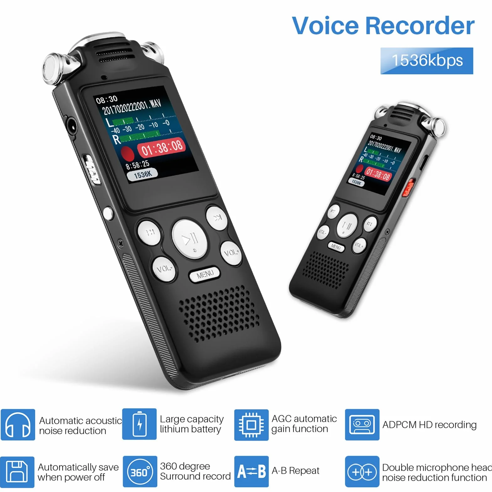 Docooler - Registratore vocale da 8GB, registratore audio con cancellazione del rumore, microfono doppio per registrazione vocale HD attivata, custodia in metallo