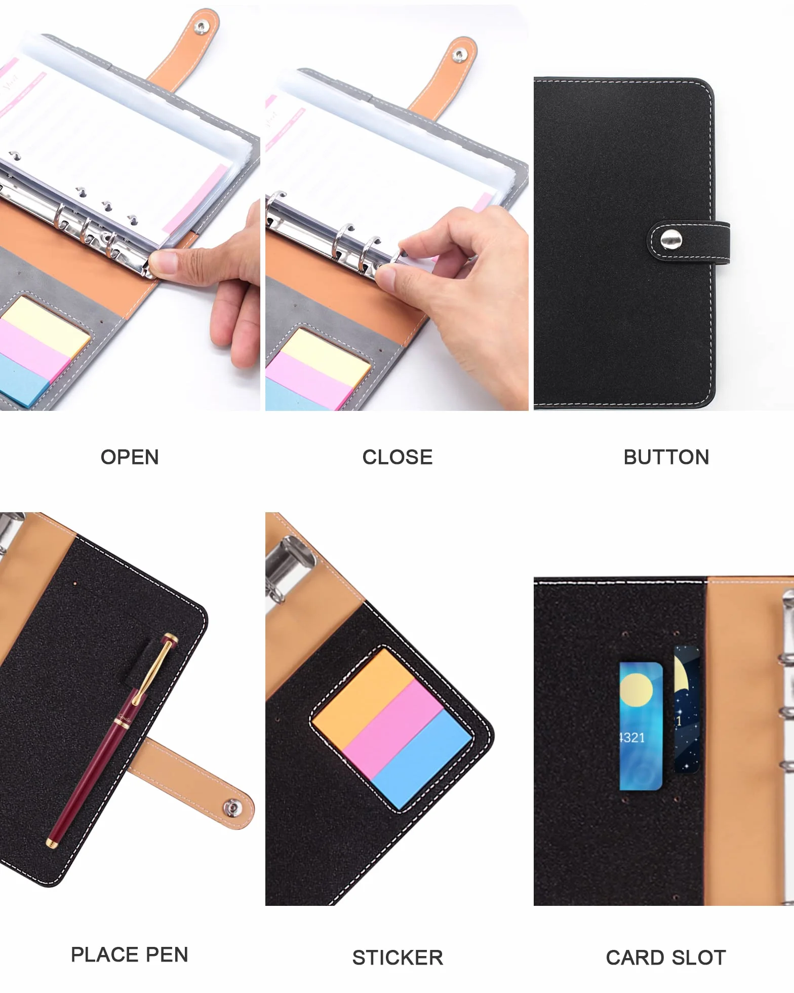 JEJA Agenda A6 con Buste Porta Soldi, Raccoglitore bilancio con Foglio Spese, Buste Trasparenti a Cerniera, Etichette Colorate (Nero)