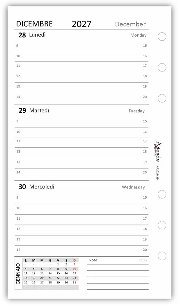 Agenda Organizer Settimanale 2027 Bilingue Bianco 9,5x17cm 90gr 2 Pagine per Settimana