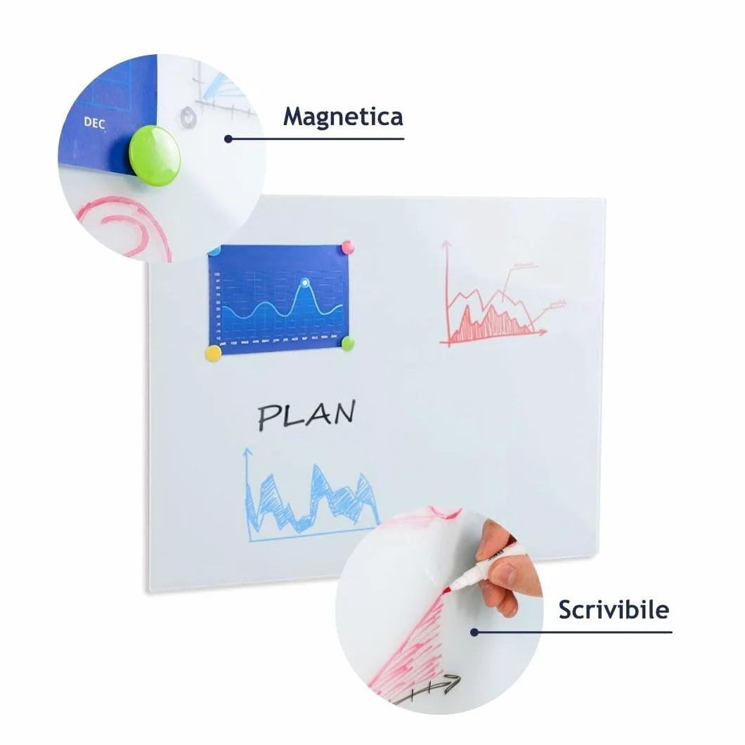 Danieli | Lavagna Magnetica da Parete in Vetro Bianca - Lavagna scrivibile, cancellabile e magnetica, perfetta da appendere in Ufficio - 60x90 centimetri