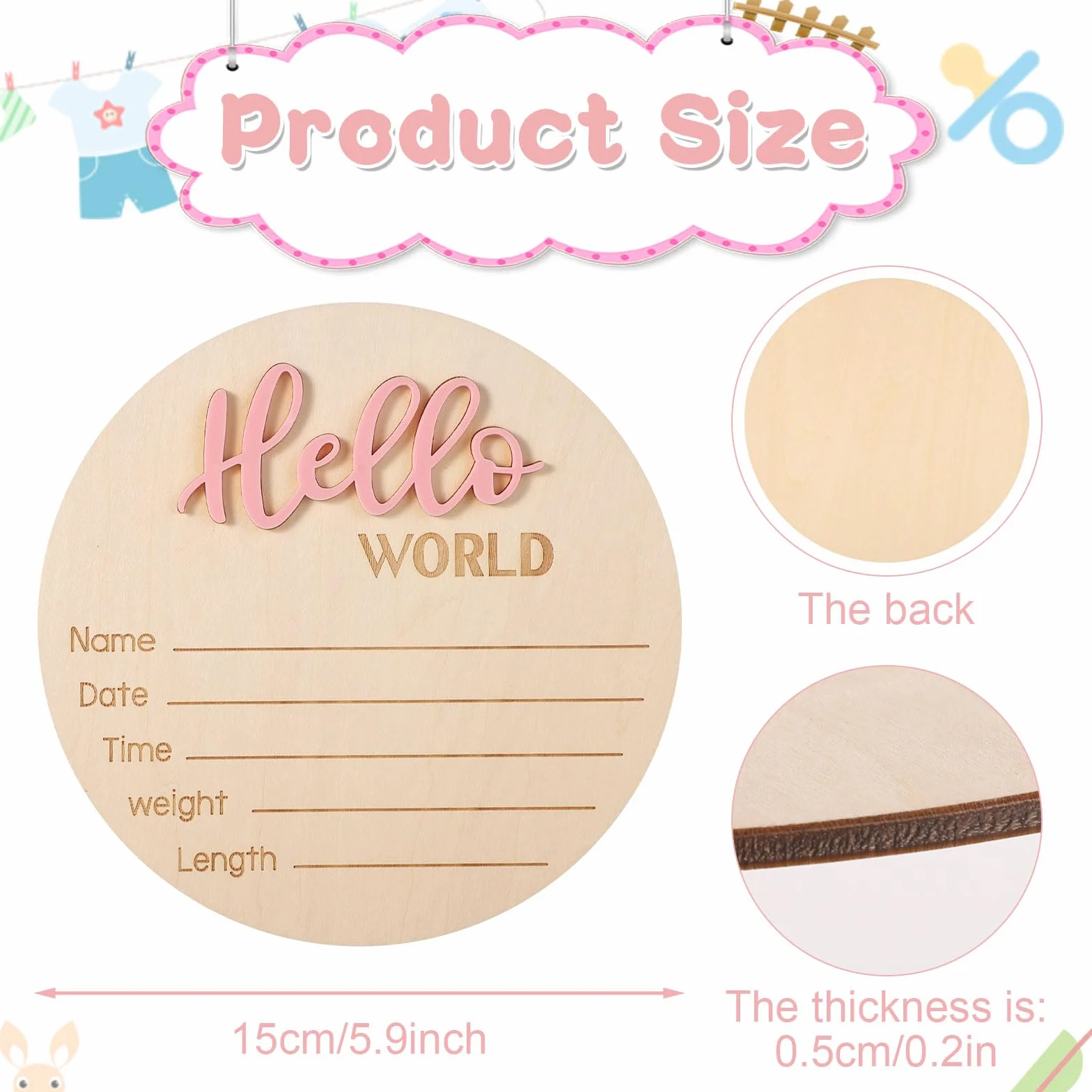 Cartello Annuncio Bambino in Legno 15cm Hello World Carte Milestone Neonato Rosa Chiaro