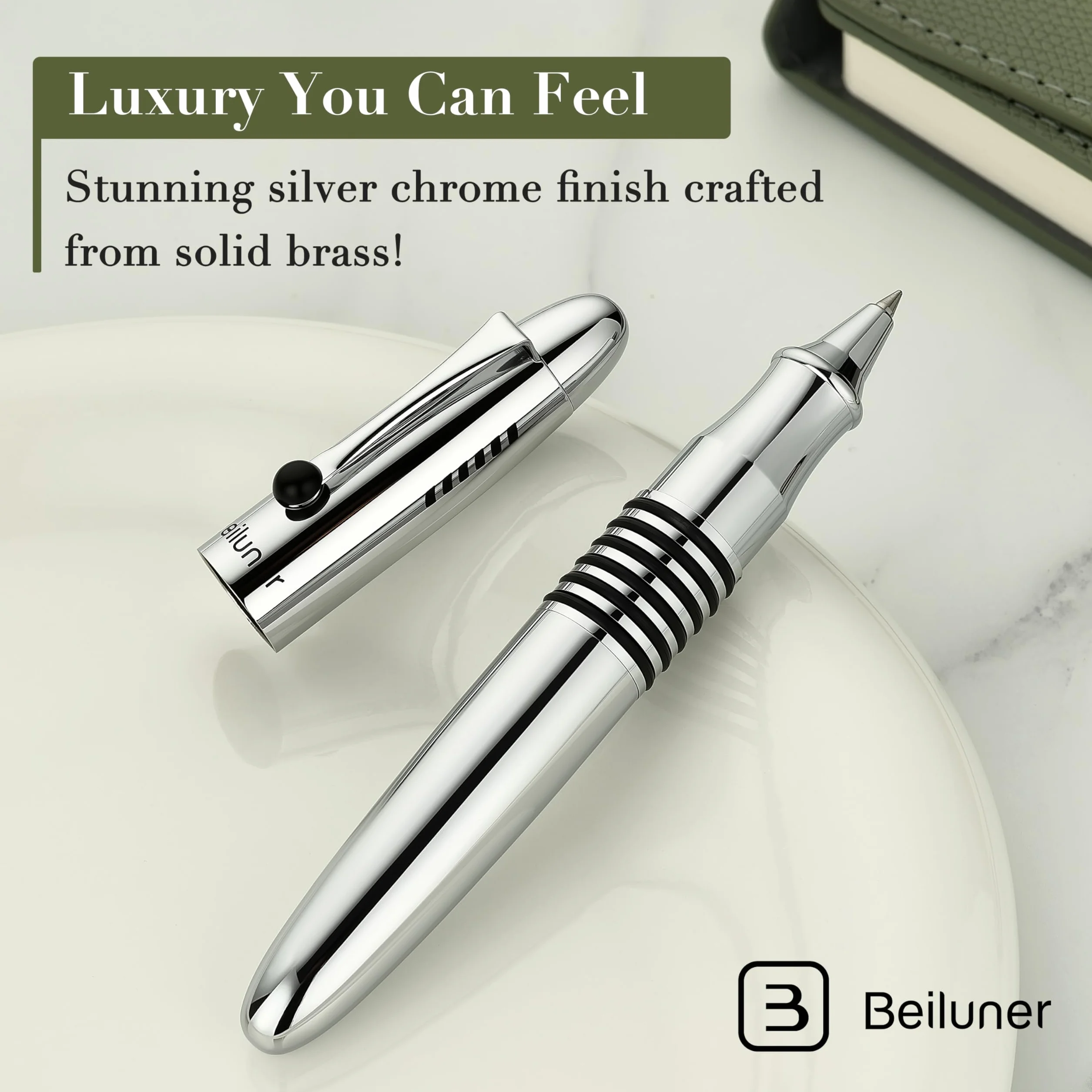 BEILUNER 320 Penna Rollerball di Lusso, Corpo in Metallo Cromato Lucido con Ricarica Schmidt, Set Regalo Dirigenziale EDC Peso Massimo per Uomo e Donna, Penna da Ufficio Professionale-Cromo Argentato