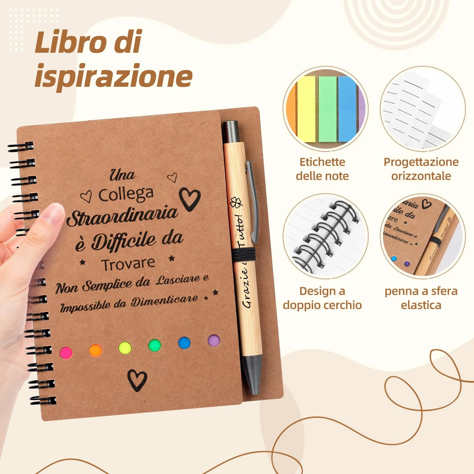 Set regalo 4 pezzi per colleghi: quaderno spirale, penna retrattile, portachiavi, sacchetto garza