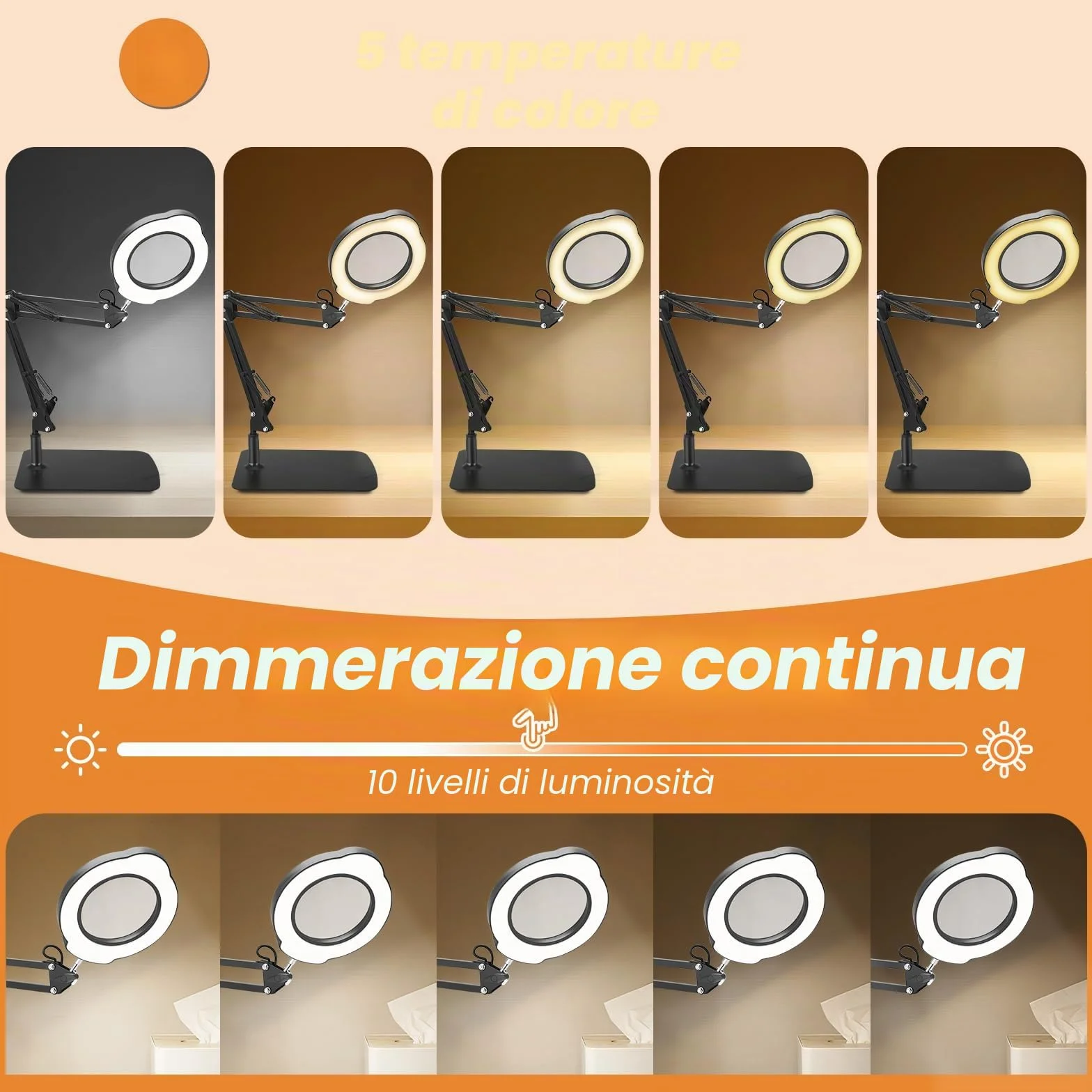 Lente d'ingrandimento con ingrandimento 15x, 5 temperature di colore e 10 livelli di luminosità, lente d'ingrandimento multifunzionale con bracci flessibili e testa Magnifying Glass