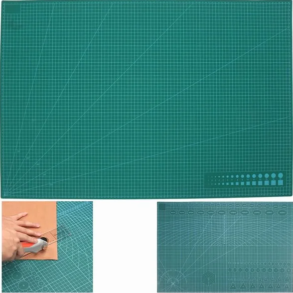 Tappetino da Taglio Scuola Tavolo Scrivania, Tappeto Bifacciale Auto Riparabile Rigenerante, Griglie su Entrambi i Lati stampate in Cm, Angoli, Goniometri, Linee Parallele e Figure.(FORMATO A1 VERDE)