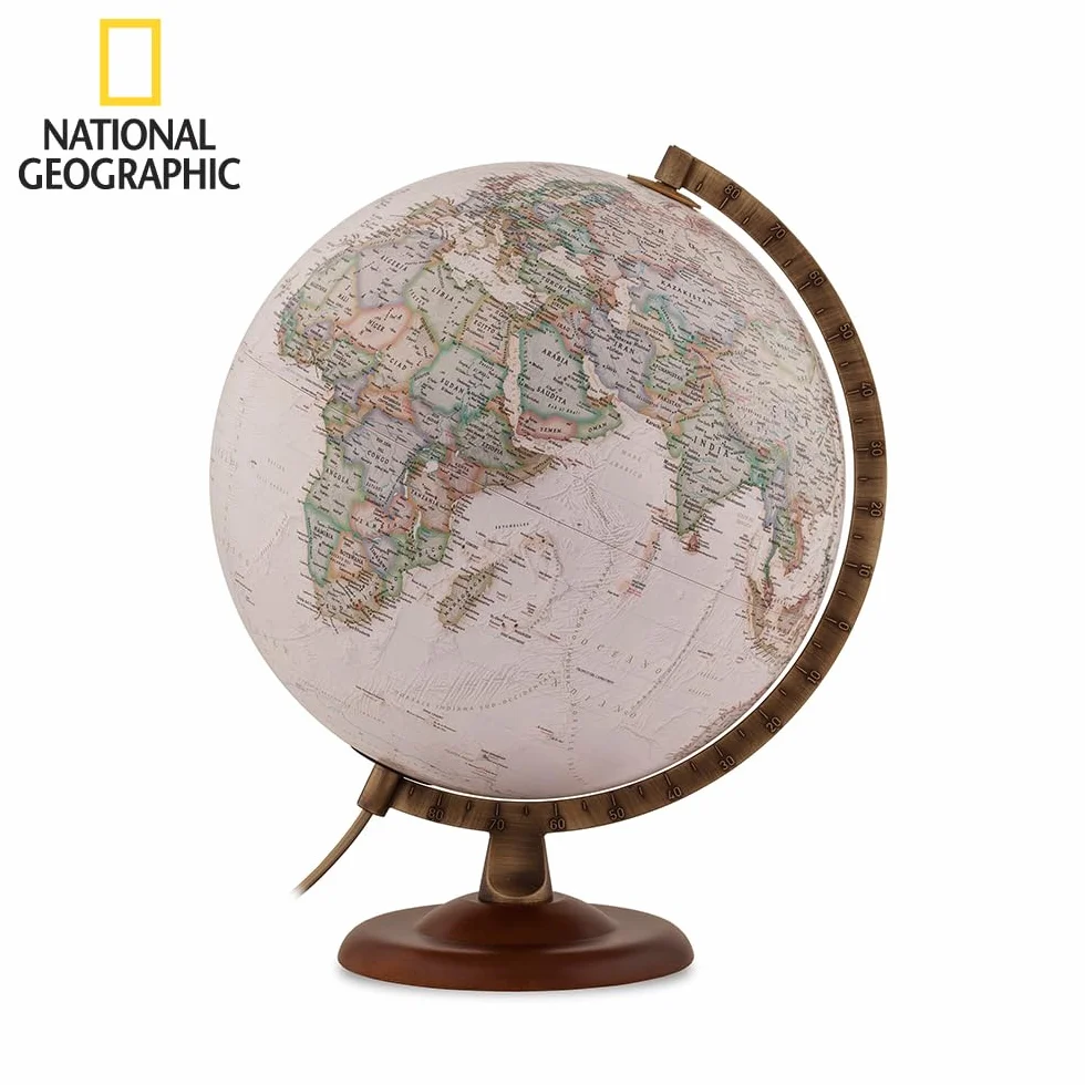 Tecnodidattica - Mappamondo National Geographic Gold Executive | Cartografia Fisico-Politica Stile Antico | Luminoso | Base in Legno e Meridiano in Metallo | Testi in Italiano | Diametro 30 cm