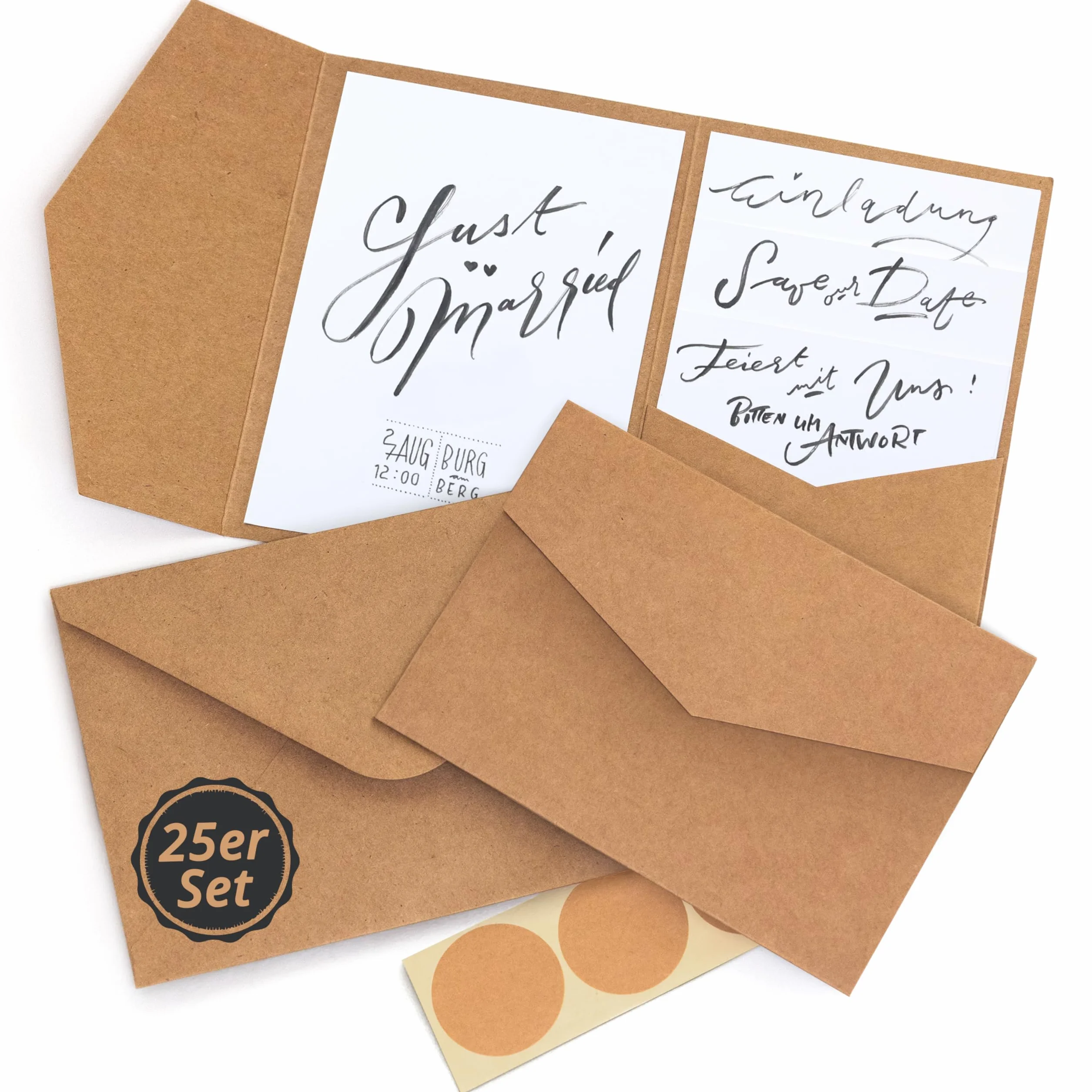 Japun Pocketfold Biglietti carta kraft vuoti tascabili con buste DIN B6 inviti nozze marrone 25 pezzi