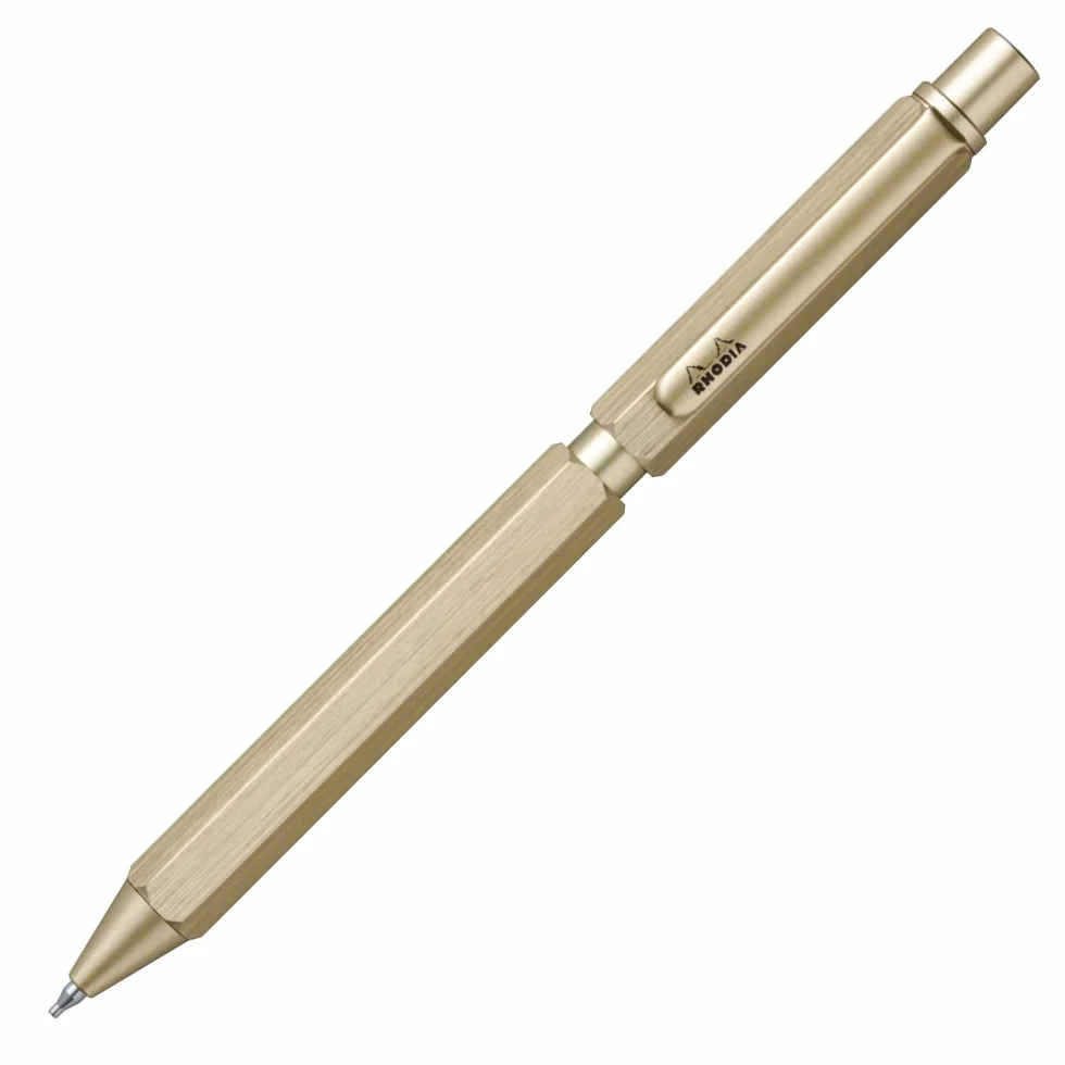 RHODIA 9345C - Multipen scRipt 3-in-1 - 2 penne a sfera 0,5mm NERO & rosso + 1 Portamine Mine a grafite 0,5mm - Corpo Esagonale in alluminio spazzolato Oro - ricaricabile - gomma sotto il bottone
