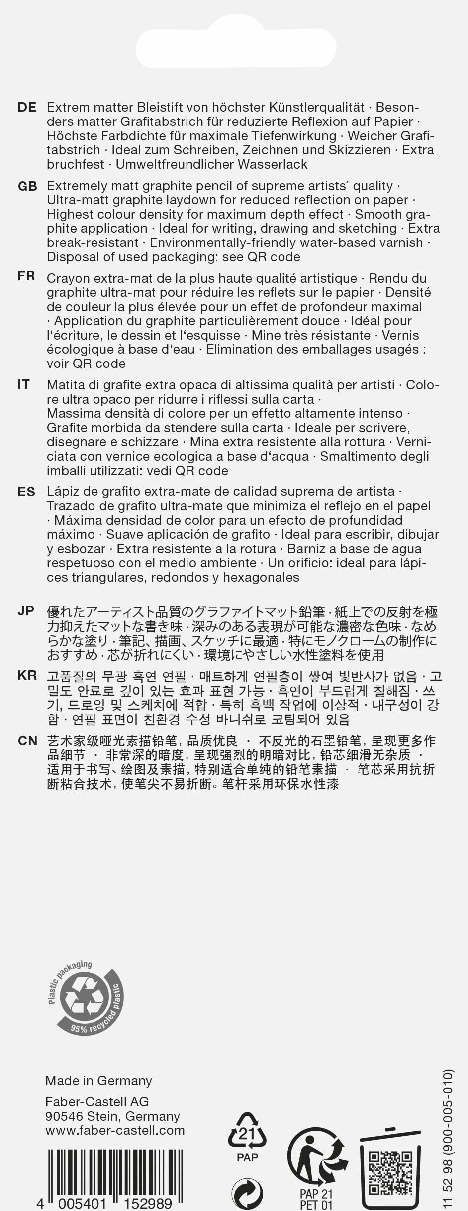 Faber-Castell Pitt Monochrome Matite Grafite Set 4 Pezzi Gradi 2B 6B 10B 14B Ultra Opaco