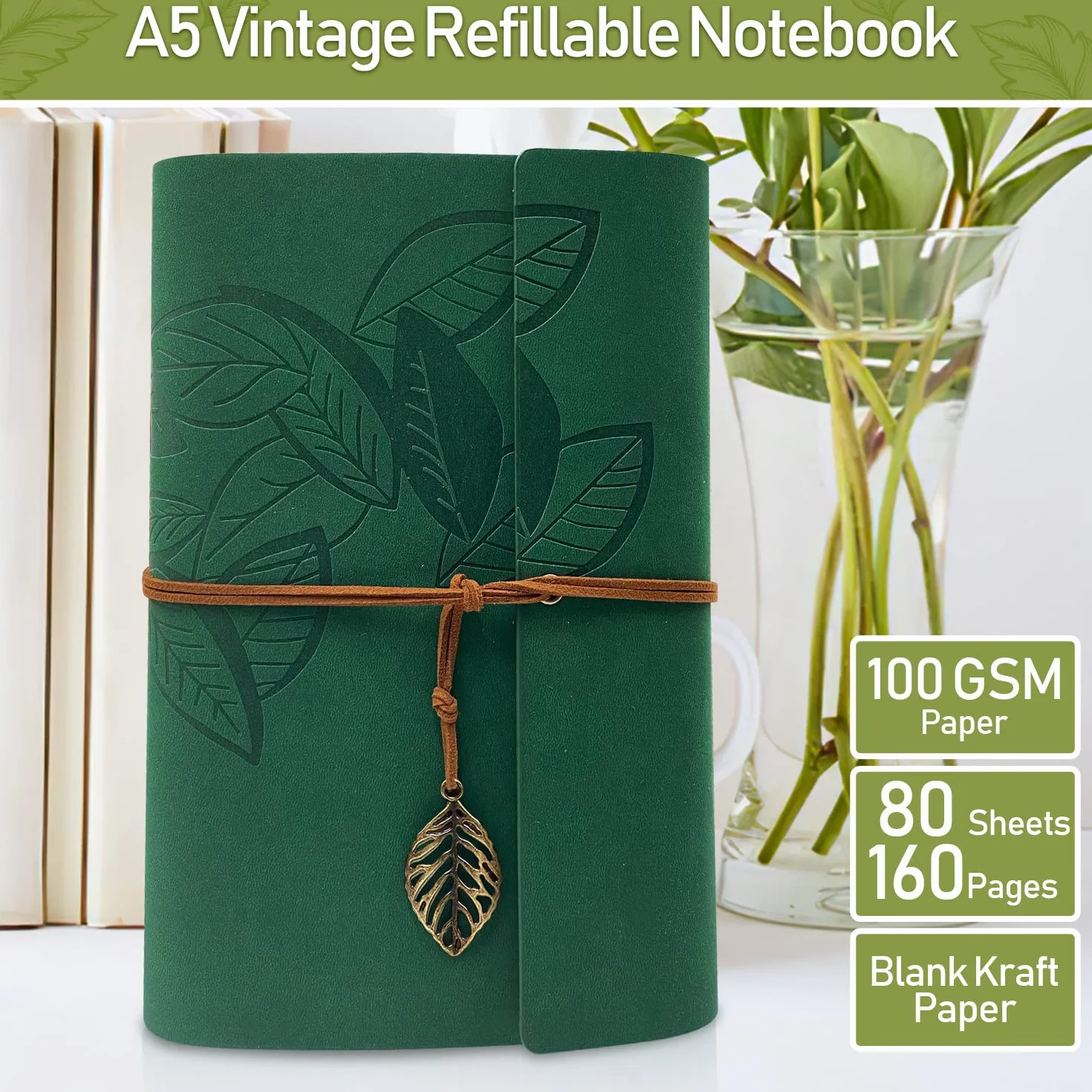 Taccuino Diario in PU Pelle Vintage Ricaricabile A5 Verde con Carta Kraft