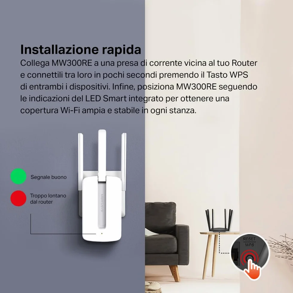 TP-Link Mercusys MW300RE Ripetitore Wireless WiFi Extender Access Point 300 Mbps Single Band Tre Antenne Mimo