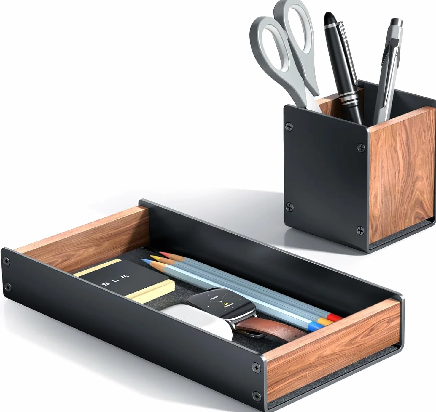Vassoio da scrivania in legno di noce con set di portapenne, vassoio organizzatore da scrivania in legno naturale e alluminio per chiavi, penna, watch