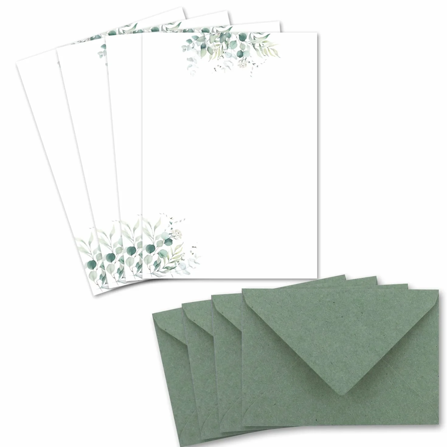 Glüxx Agent Set di carta naturale DIN A5 color crema rami eucalipto buste verdi 25 fogli stampabili inviti nozze