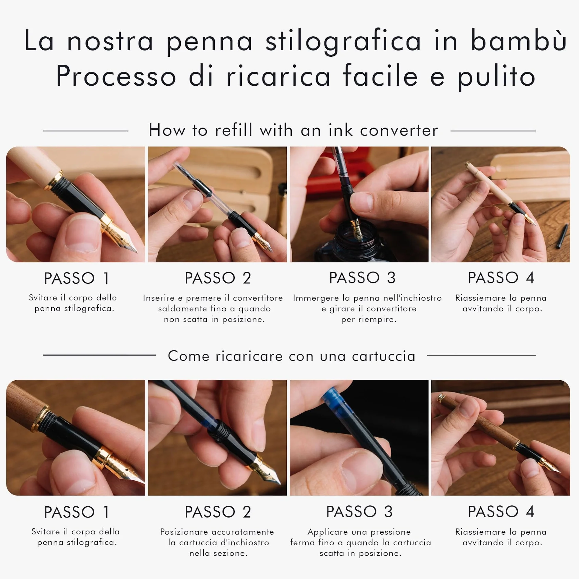 Wordsworth & Black Set penne stilografiche legno di bambù premium pennino medio custodia regalo 6 cartucce inchiostro convertitore ricariche Palissandro