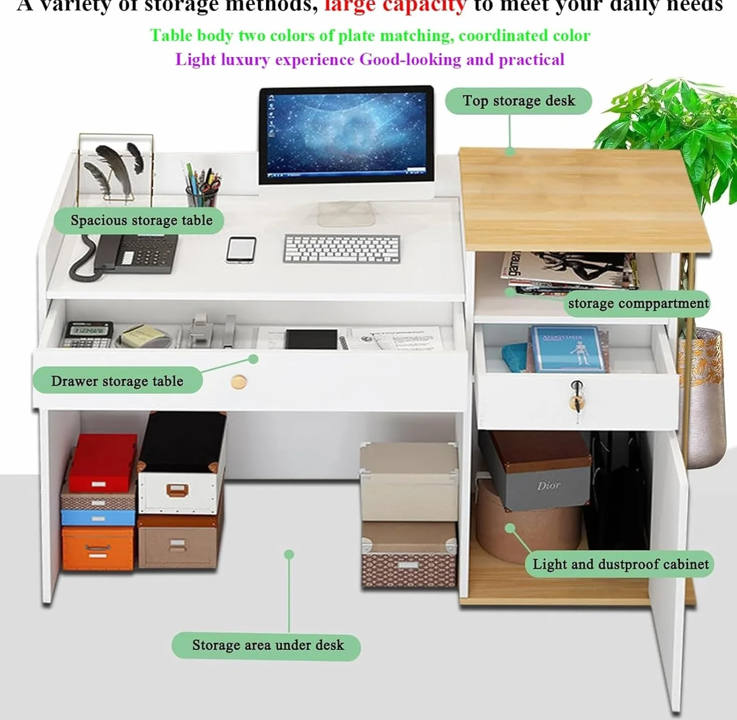 Bancone Reception Multiuso in Legno con 2 Cassetti e 2 Ripiani, Banco Cassa Moderno per Ufficio, Negozio, Salone di Bellezza, Hotel o Supermercato