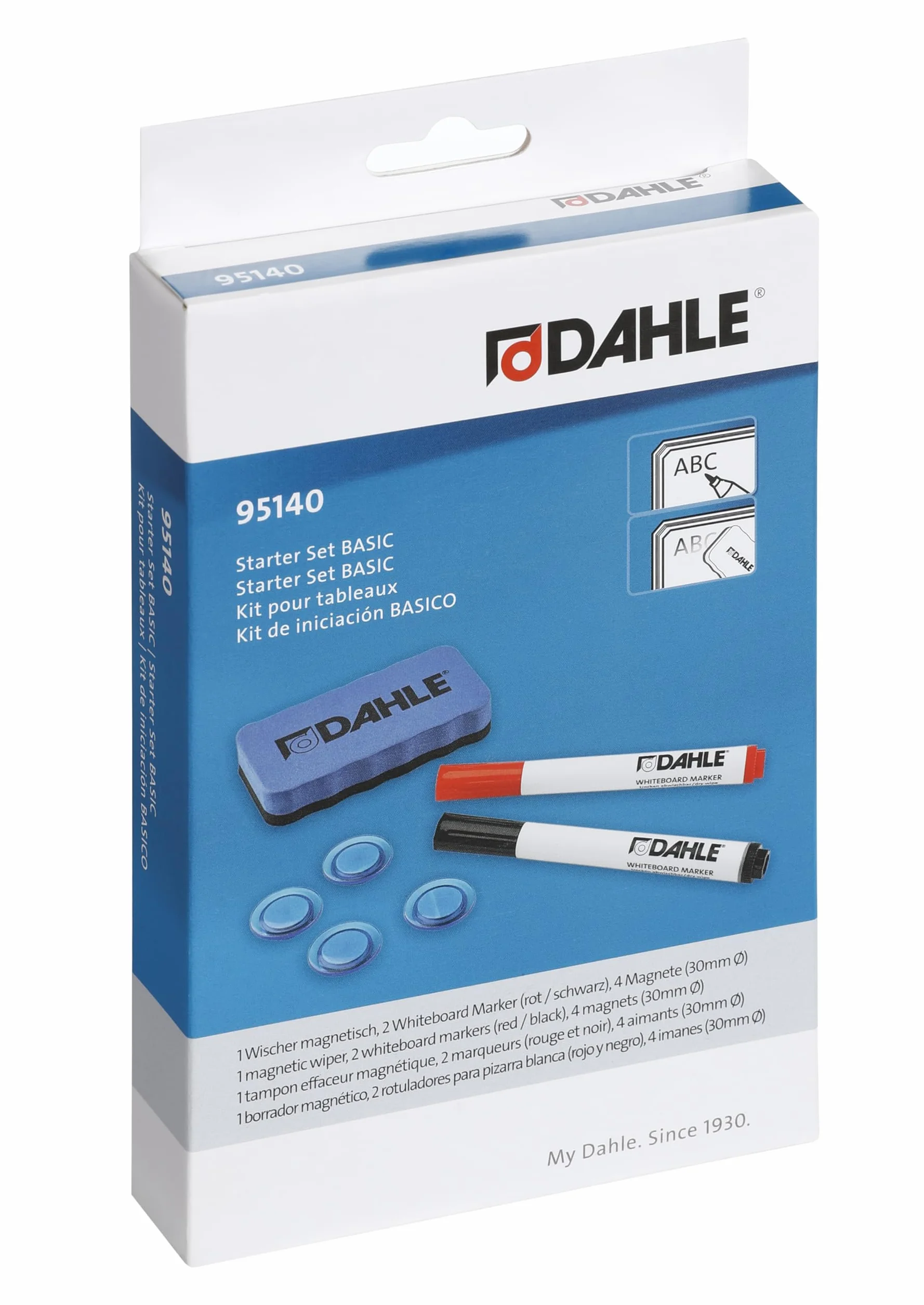 Dahle Set di base per lavagna bianca 2 pennarelli 4 magneti 1 tergicristallo magnetico