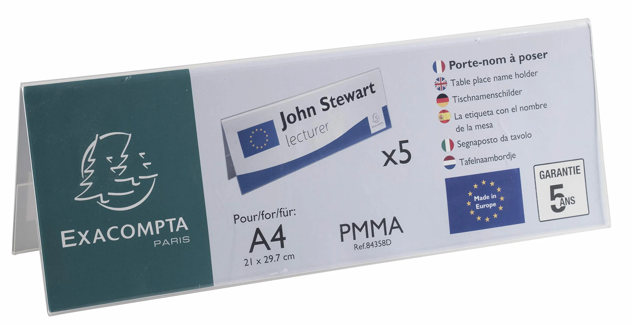 Exacompta Espositore per etichette con nome PMMA trasparente confezione da 5 A4 piegati orizzontali