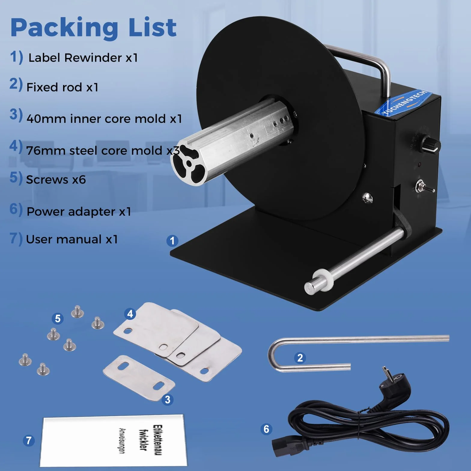 YUCHENGTECH Avvolgitore Etichette Automatico Diametro 180mm Velocità Regolabile 0-8 pollici/s Avvolgitore Etichette Bidirezionale per Nucleo 40/76mm o Senza Tubo di Carta con Istruzioni e Accessori