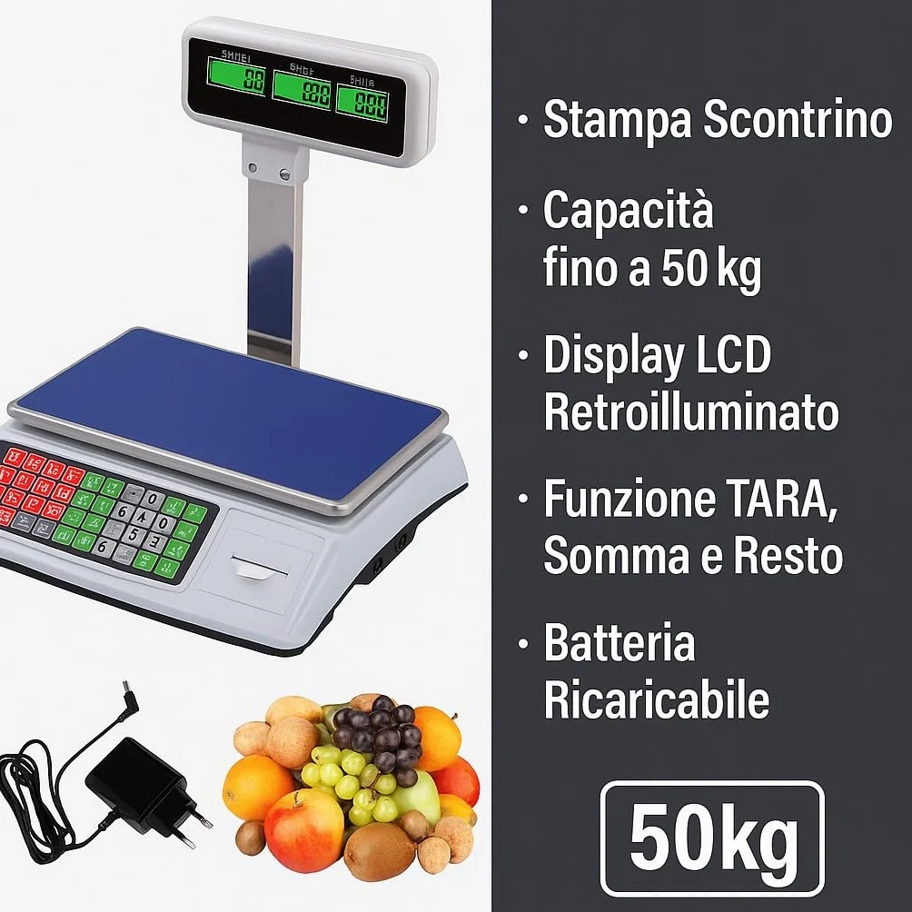 Bilancia Digitale 50kg con Scontrino – Display LCD su Braccio, Somma e TARA, Batteria Ricaricabile, Ideale per Negozi, Mercati, Banchi Alimentari - CW869