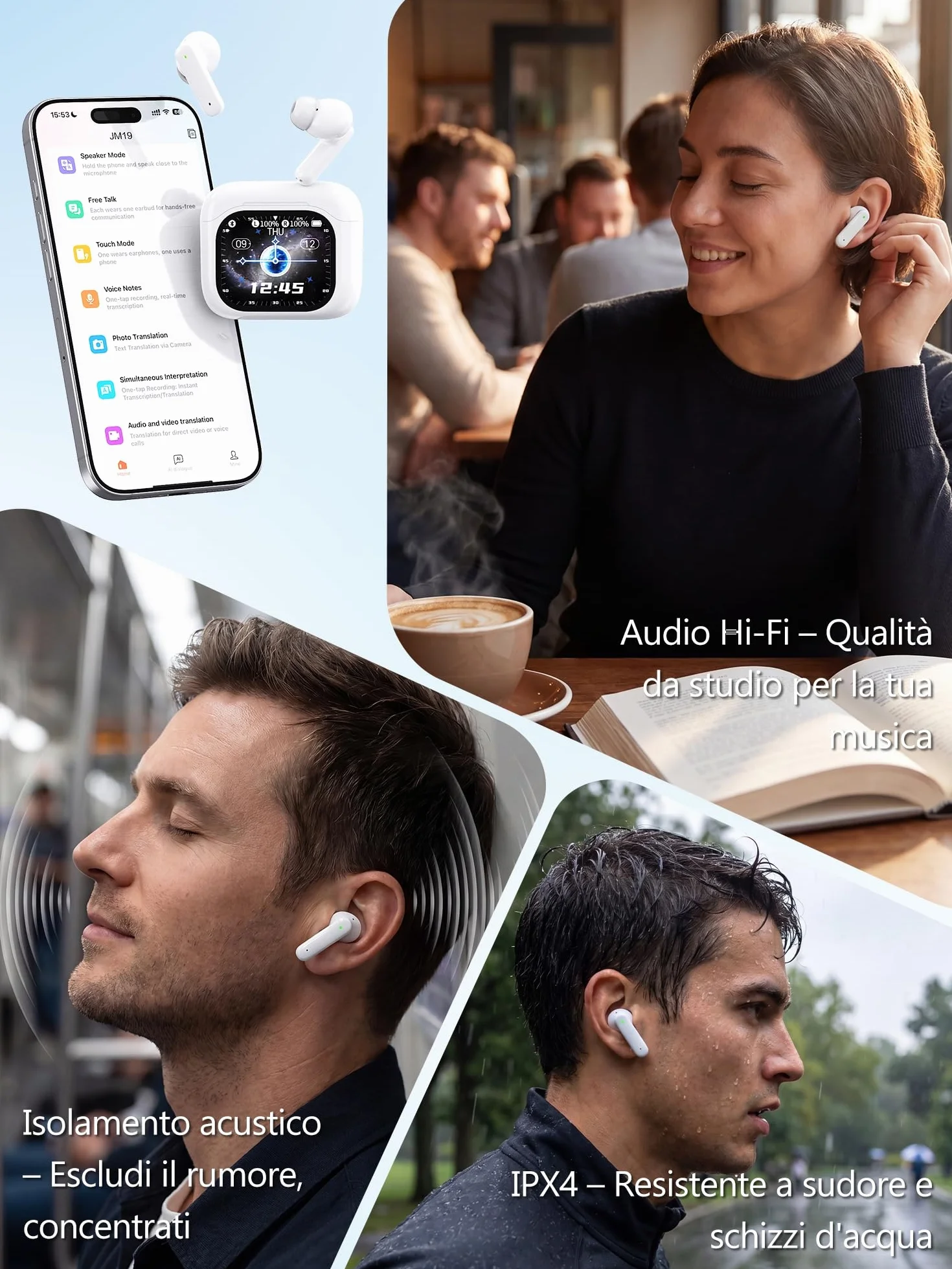 AI Cuffie Traduzione Simultanea Vocale：3-in-1 Bluetooth Auricolari Traduttore LCD Touch 156 Lingue - 7 EQ Asistente de IA e Telecomando per Foto – Isolamento Rumore In-Ear per Viaggi Studio Business