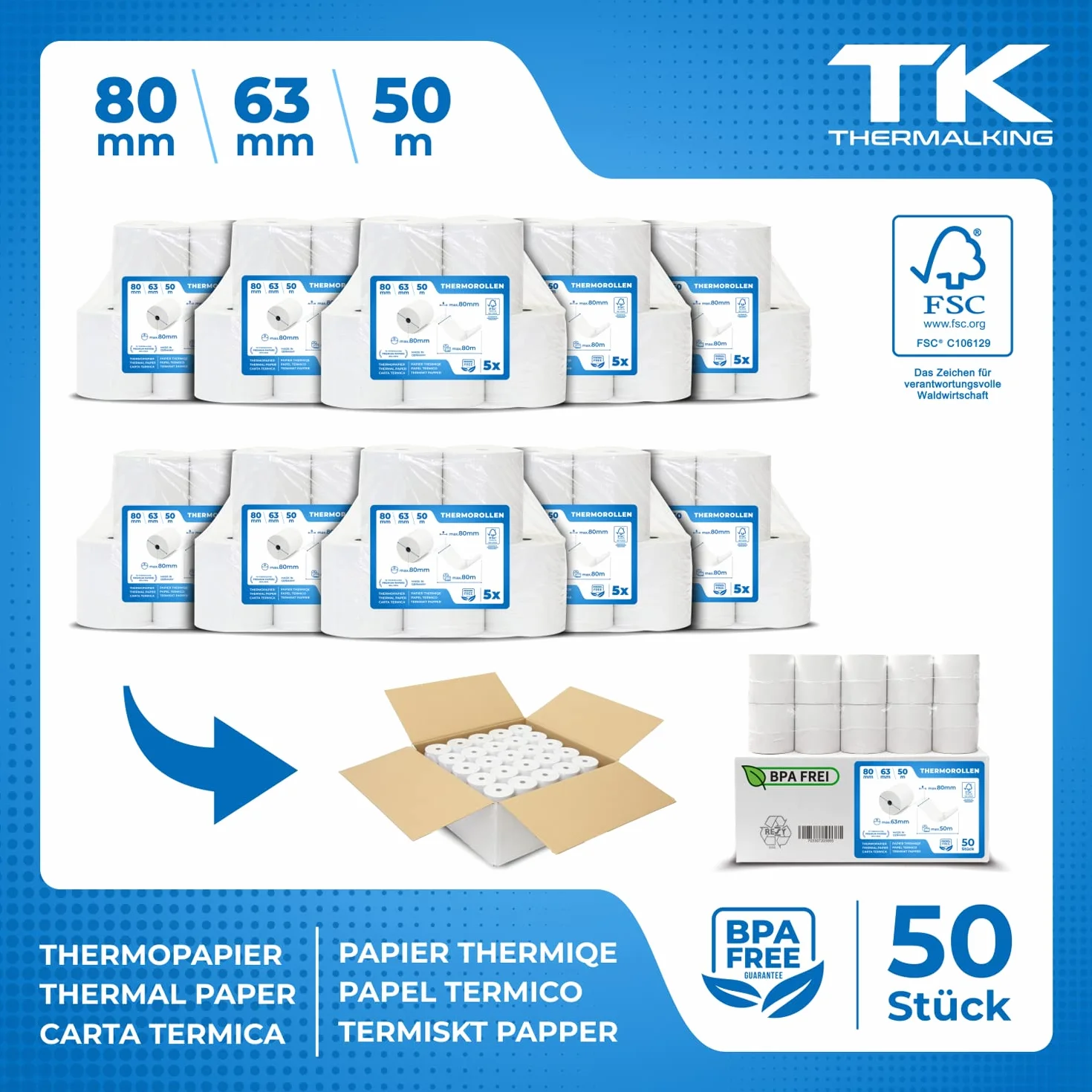 THERMALKING - Rotoli Cassa 80x63 Termica Fiscale [senza BPA] - Rotolo per stampante registratore di cassa fiscale 80mm x 50m x 12mm - Rotolini carta termica 80x63x12 - [50x]