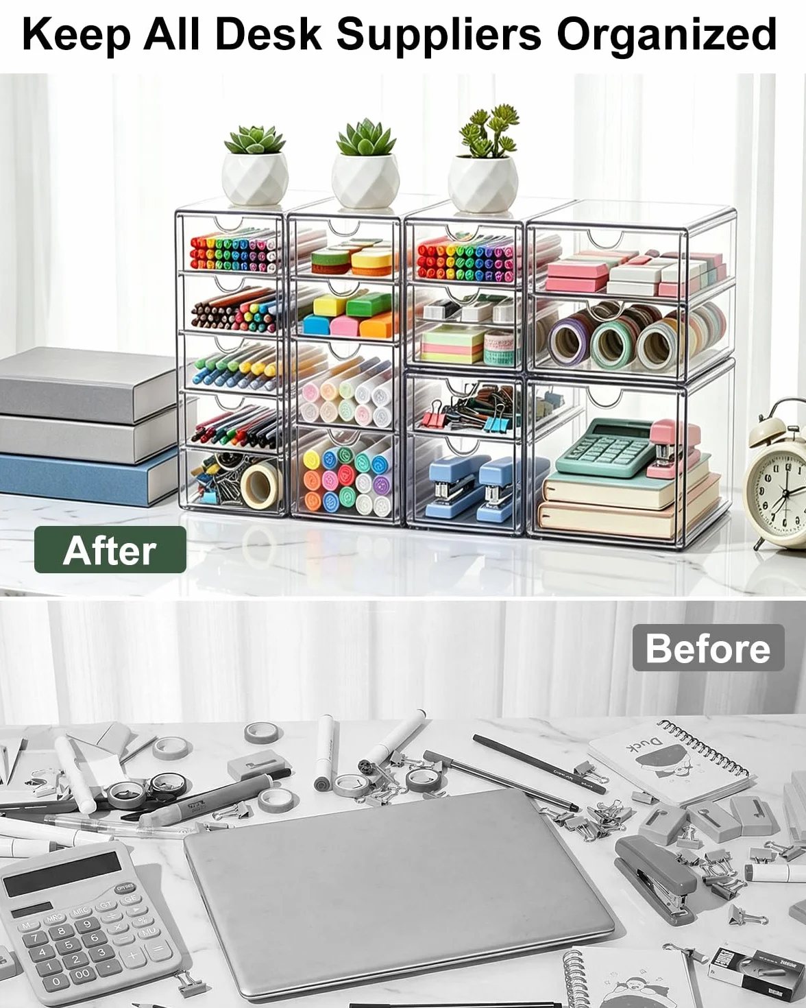 GoMaihe Set di 2 Organizer da Scrivania, Portaoggetti Make-up con 7 Cassetti, Trasparenti, Antipolvere per Trucco, Gioielli, Penne, Cancelleria